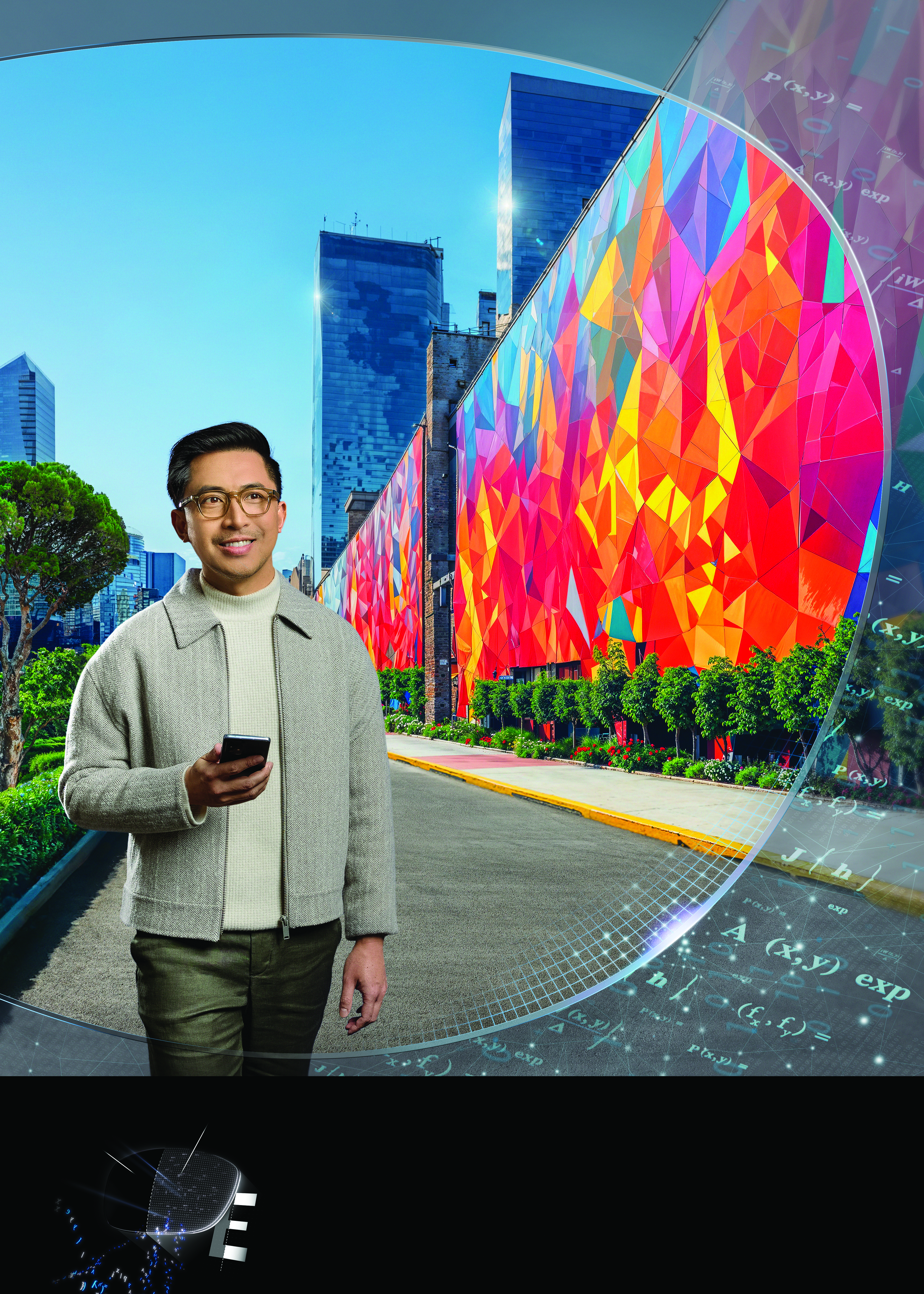 Homme portant des verres optiques Nikon, avec un smartphone à la main, appréciant le contraste sur un fond lumineux et coloré.