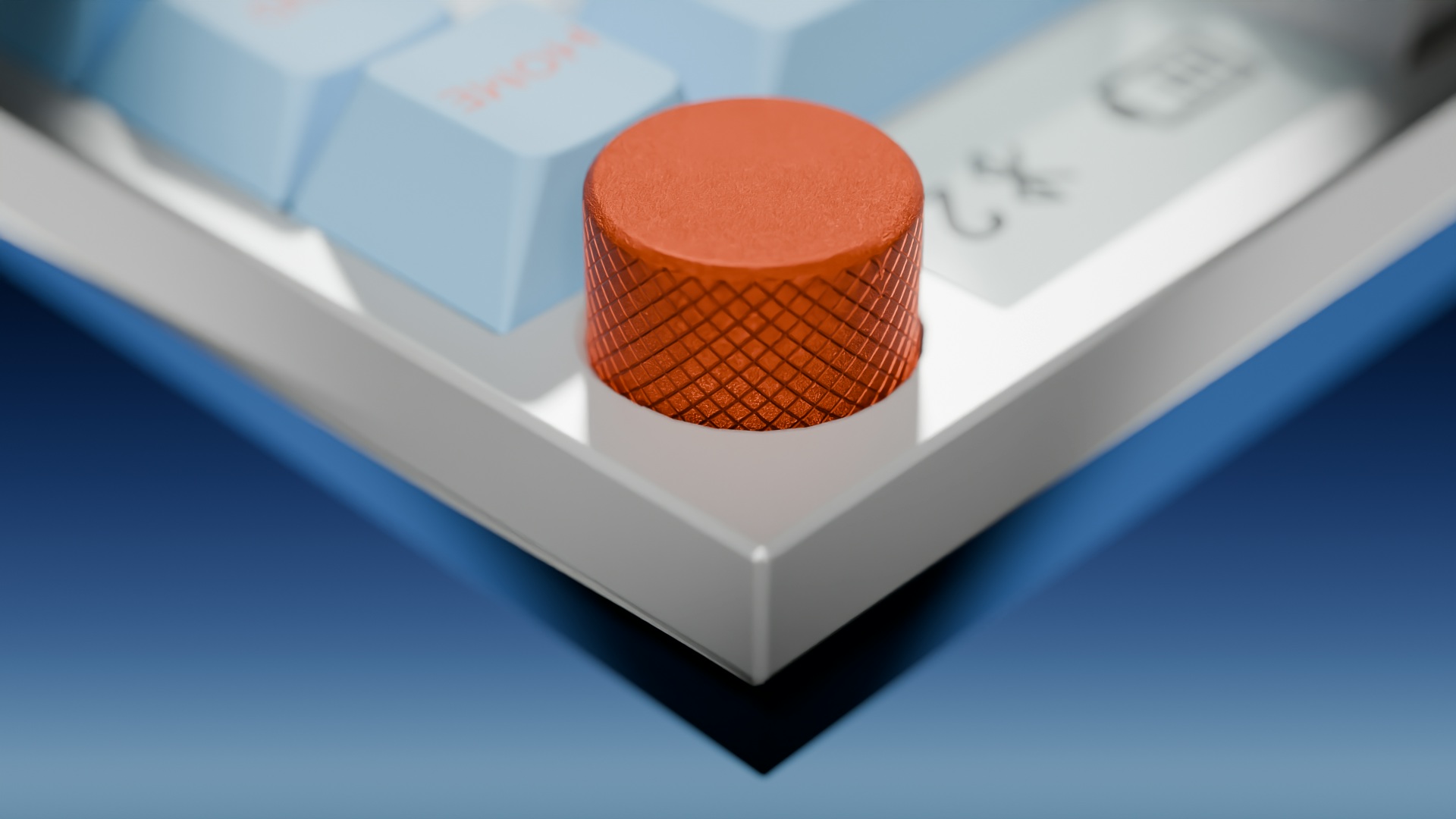A closeup of the customizable knob on the keyboard