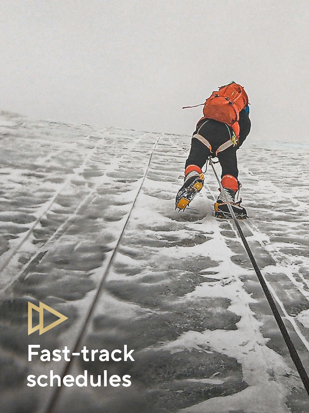 Nims climbing an ice wall with crampons and rope