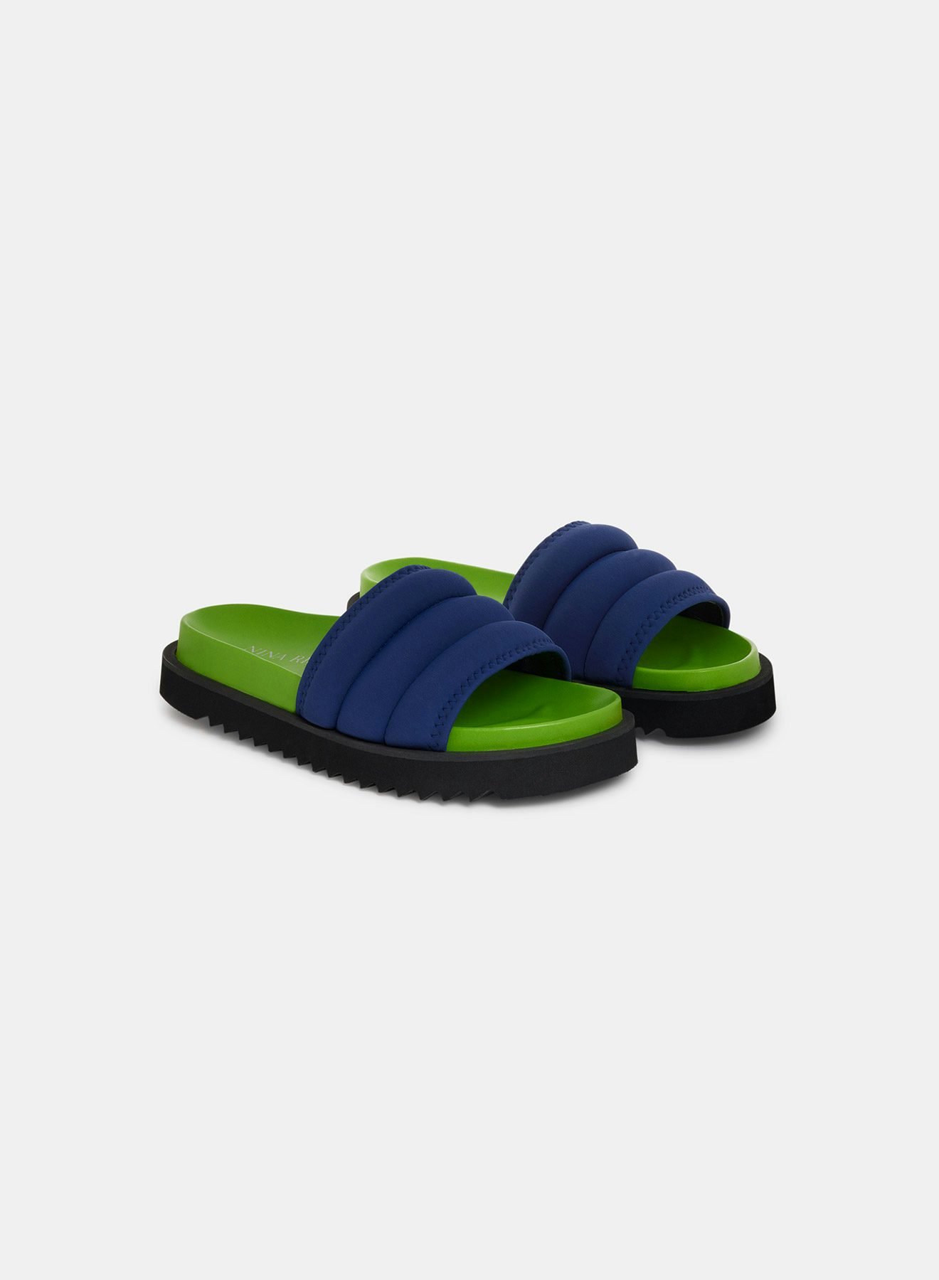 Quilted Dark Navy Blue Neoprene Slides with Green Leather Sole - Nina Ricci
