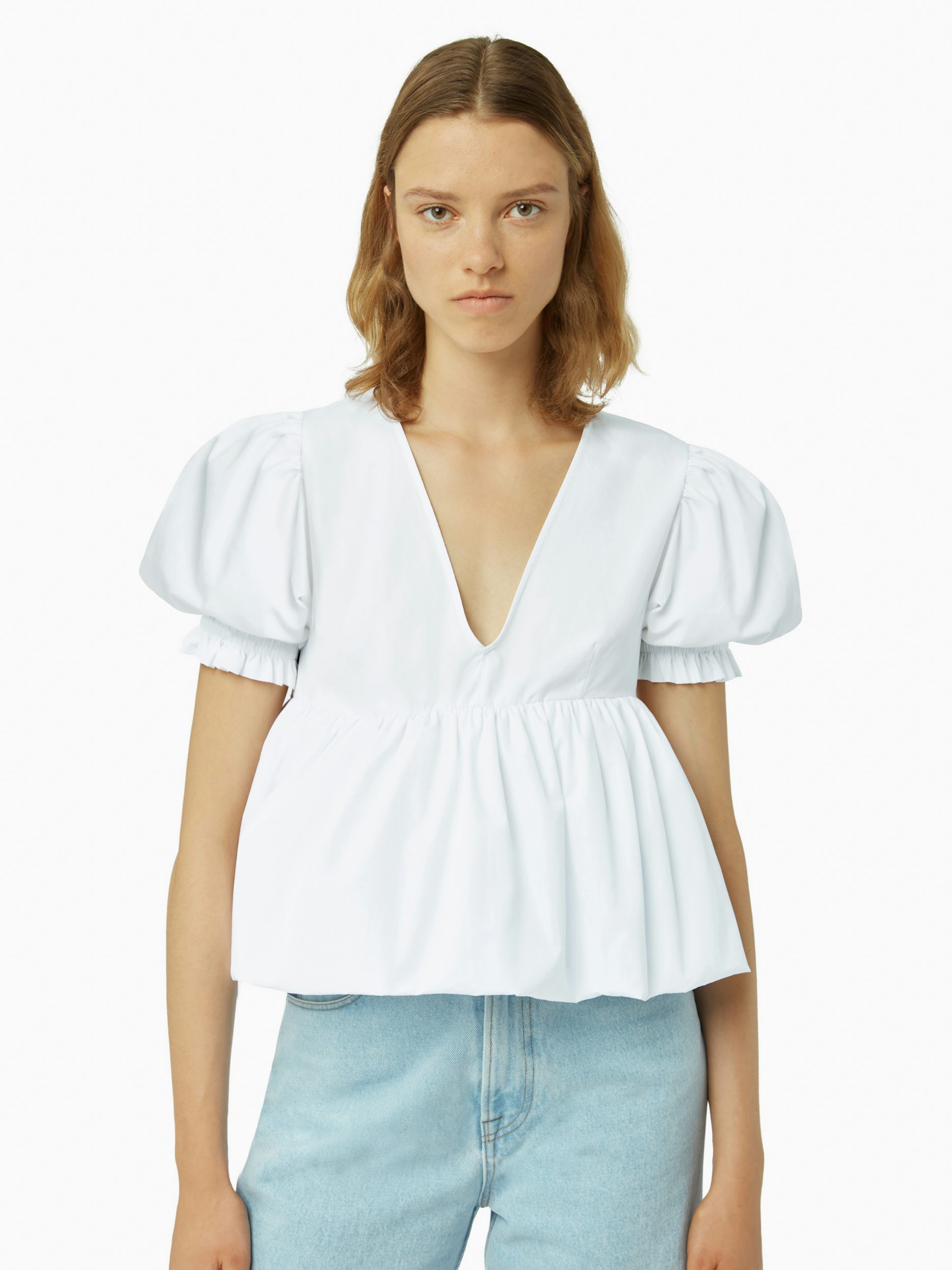 Babydoll top with ruched sleeves in white - Nina Ricci