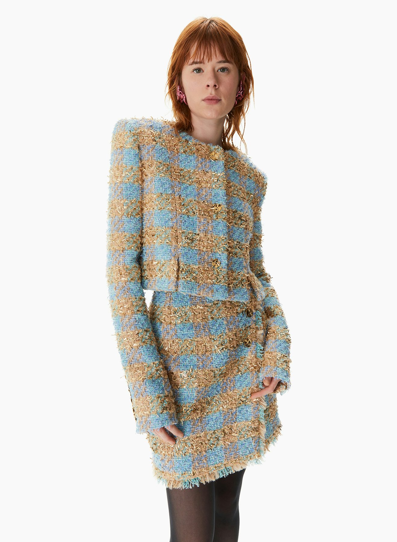 Tweed Round Collar Jacket Blue Gold - Nina Ricci