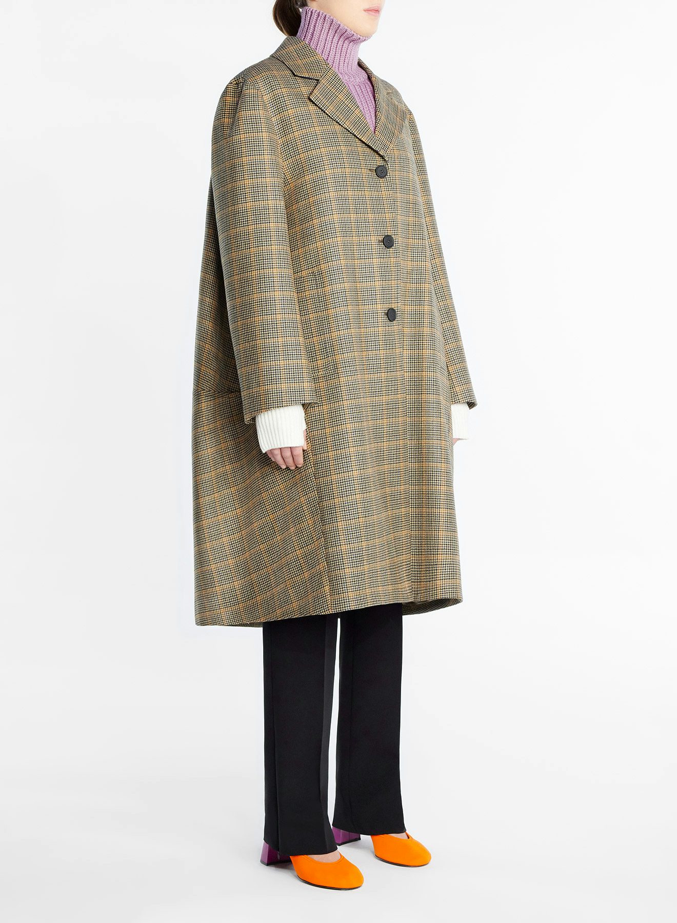 Manteau cocon en laine à carreaux marine et jaune - Nina Ricci