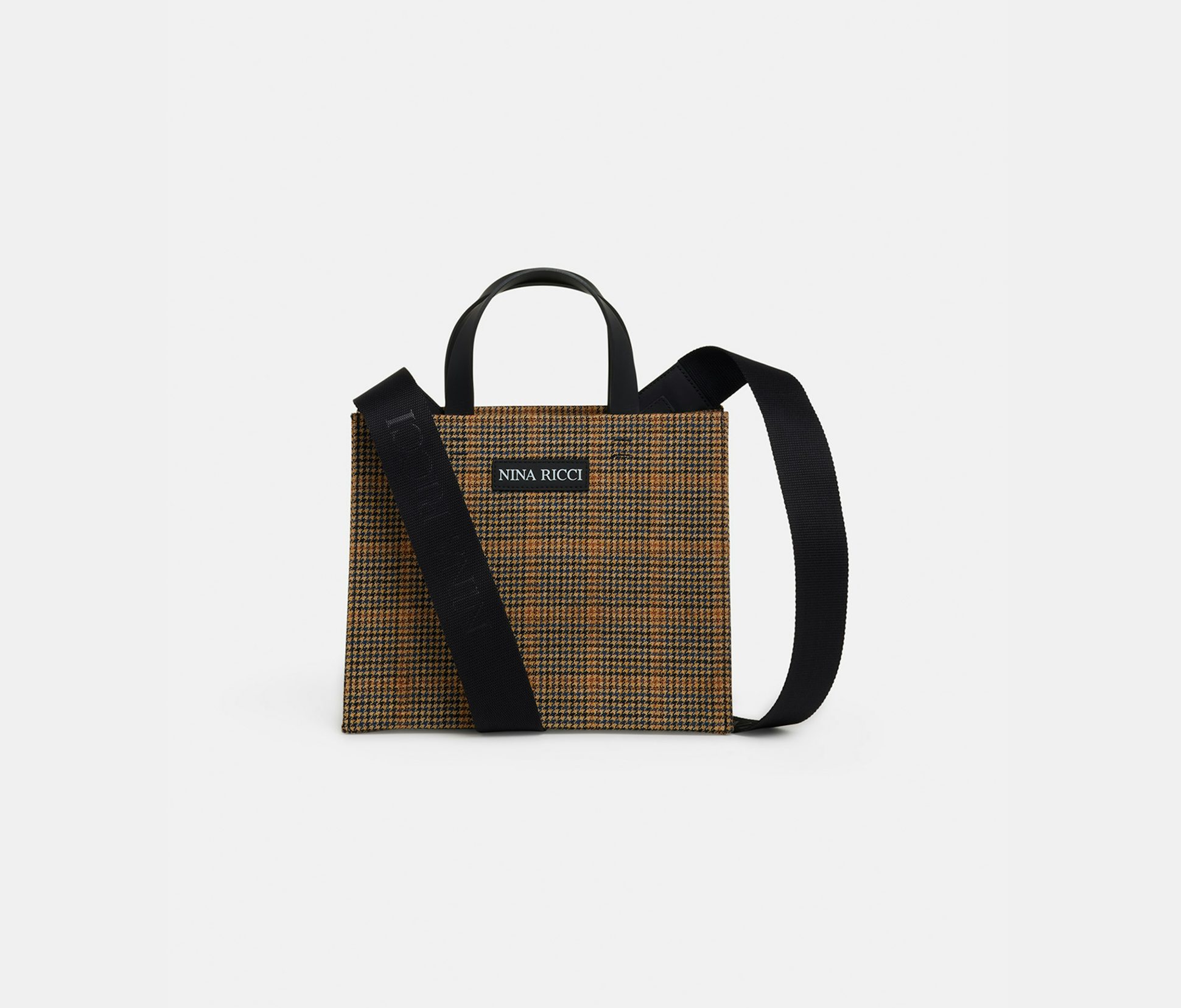 Petit tote bag en laine à carreaux marine et jaune - Nina Ricci
