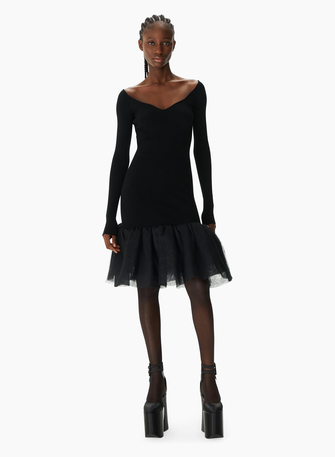 Ribbed Knit And Tulle Mini Dress Black - Nina Ricci