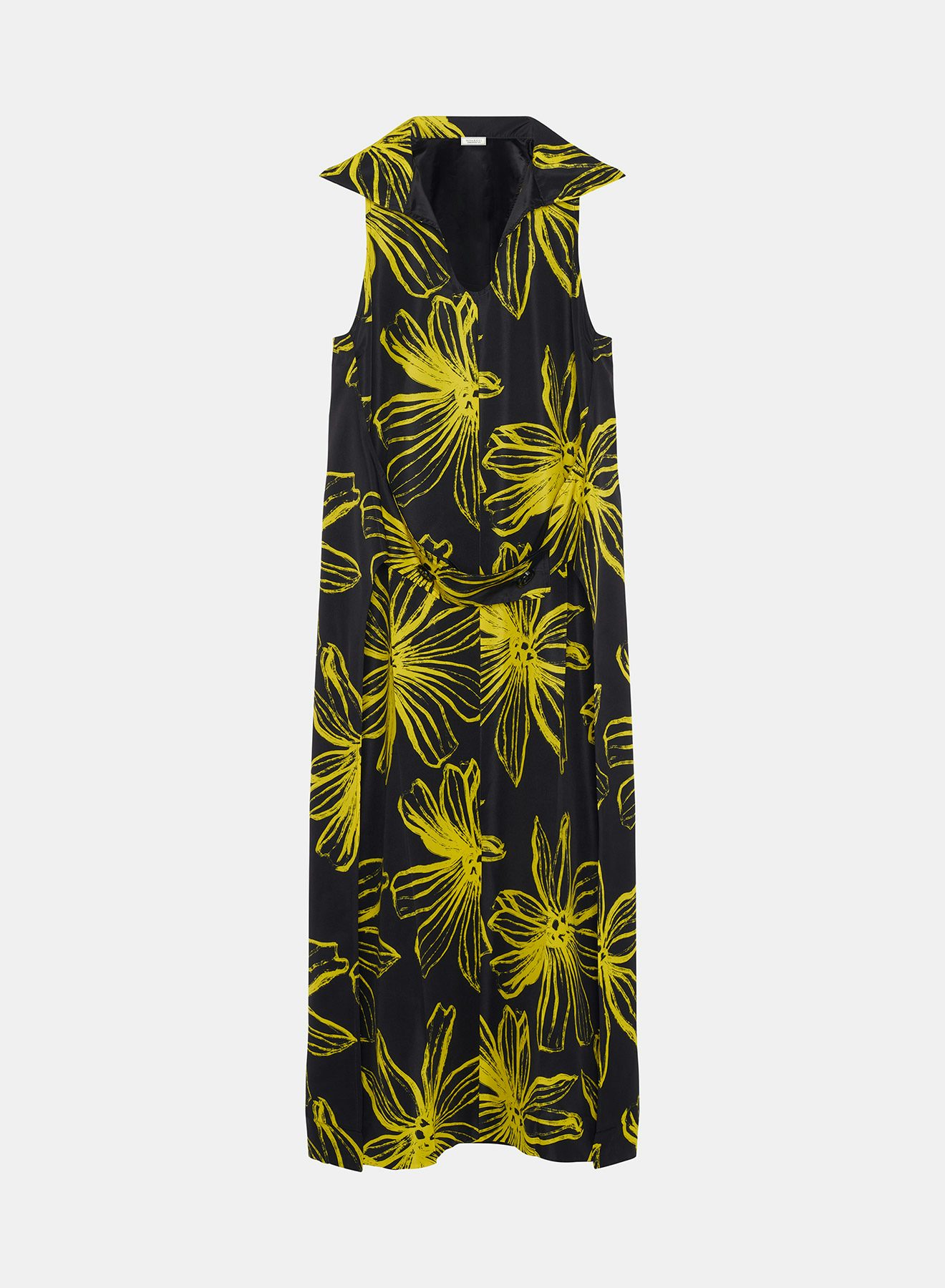Robe sans Manche Ouverte sur les Cotés et Nouée Devant en Imprimé Fleurs de Lotus Noir et Jaune - Nina Ricci