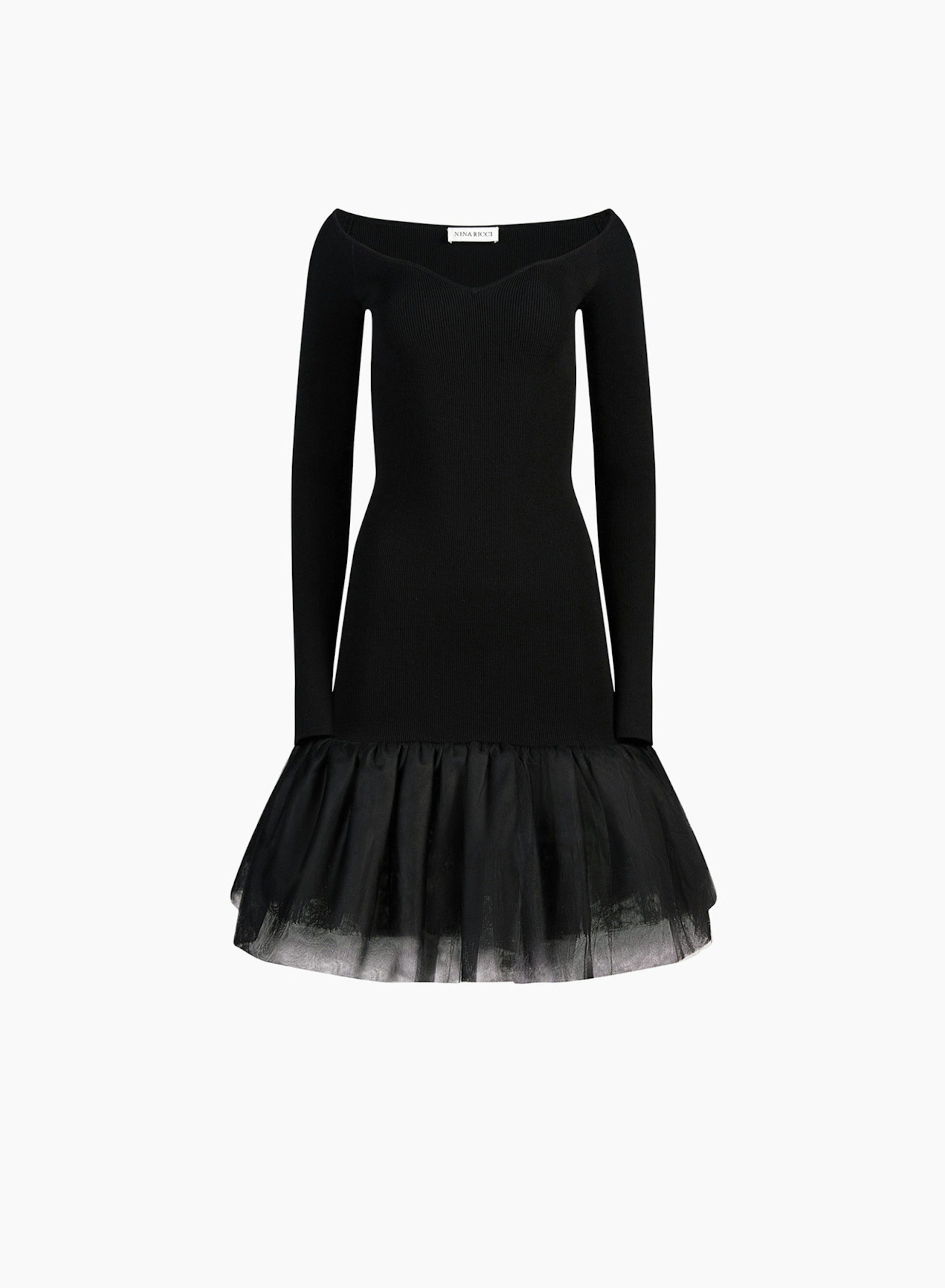 Minivestido De Punto Acanalado Y Tul Negro - Nina Ricci