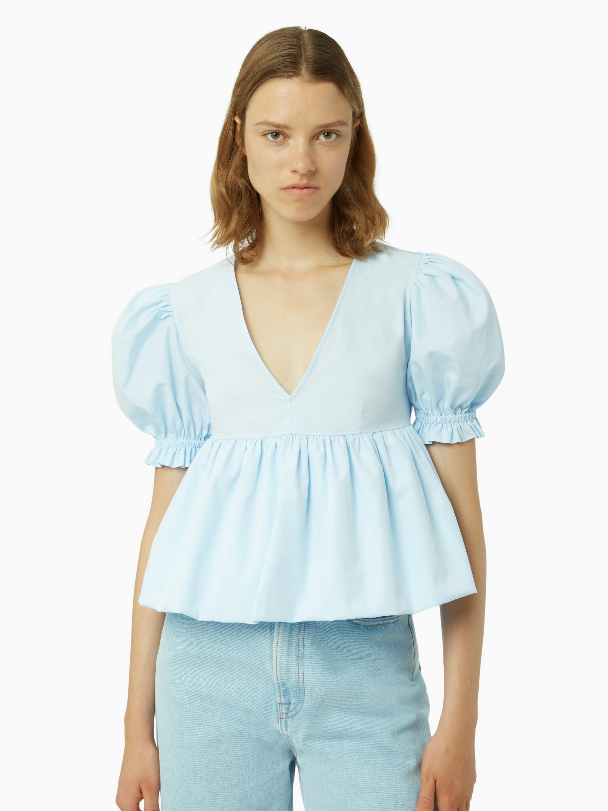 Babydoll top with ruched sleeves in light blue - Nina Ricci