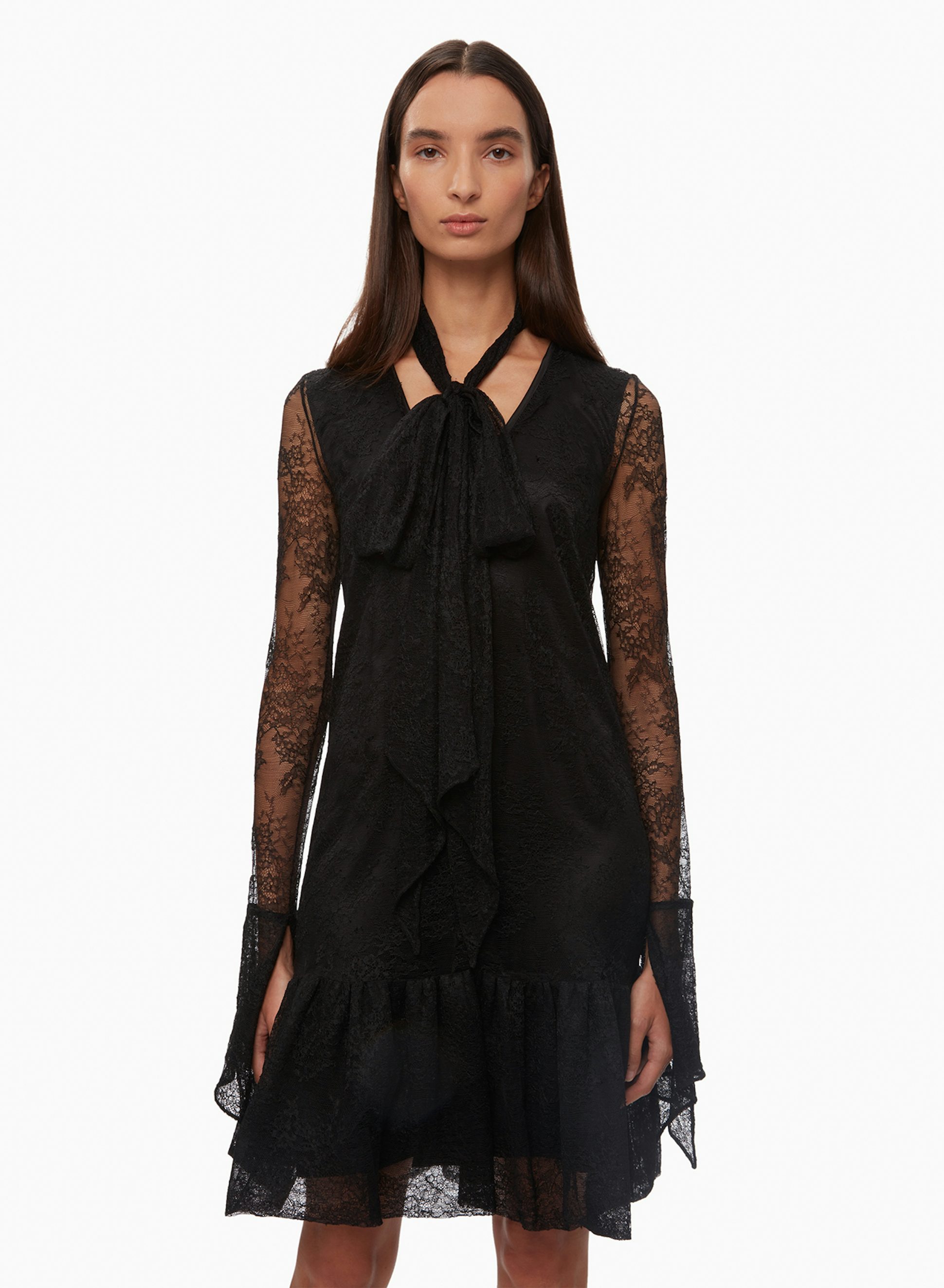 Knee Ruffle Lace Dress Black - Nina Ricci