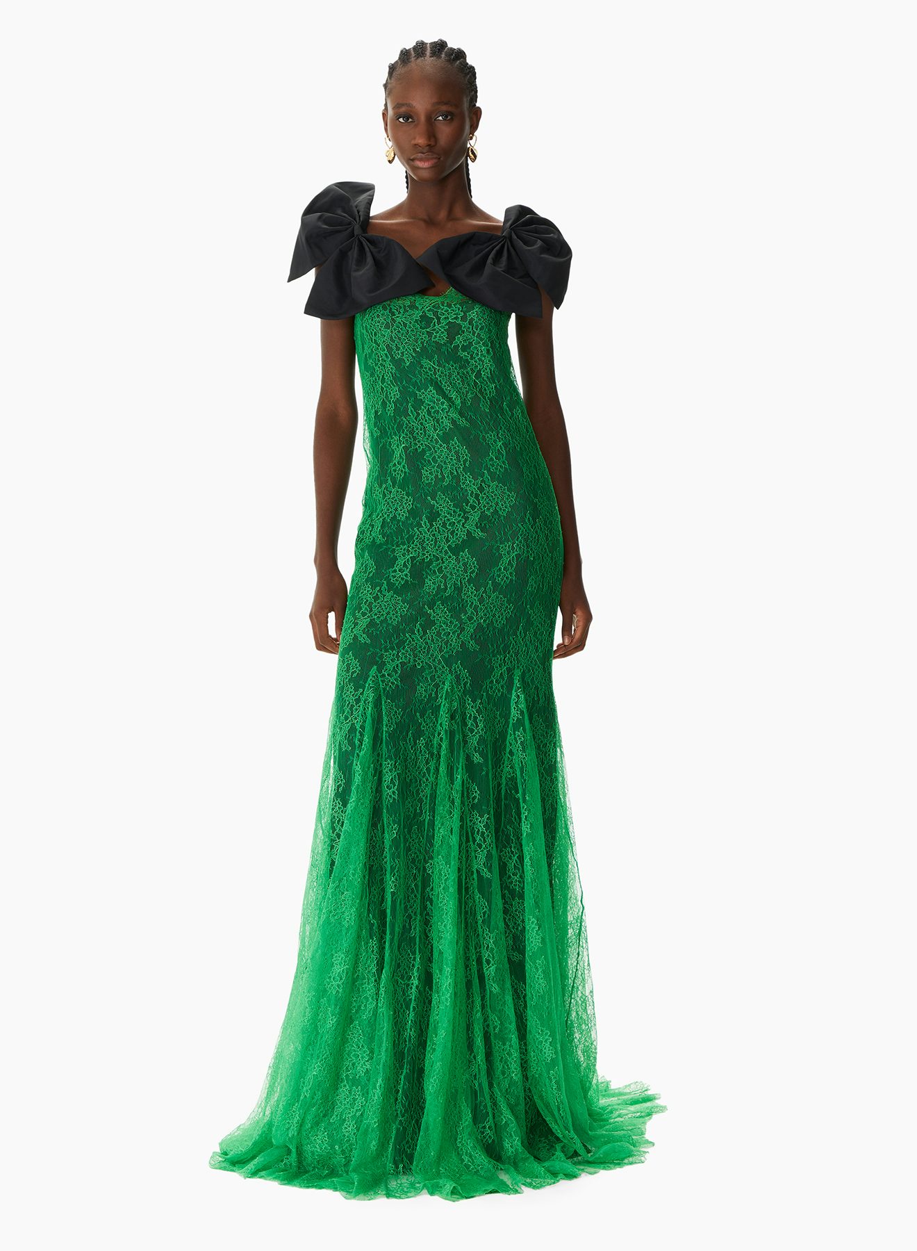 Long Lace Dress With Velvet Straps Green - Nina Ricci 