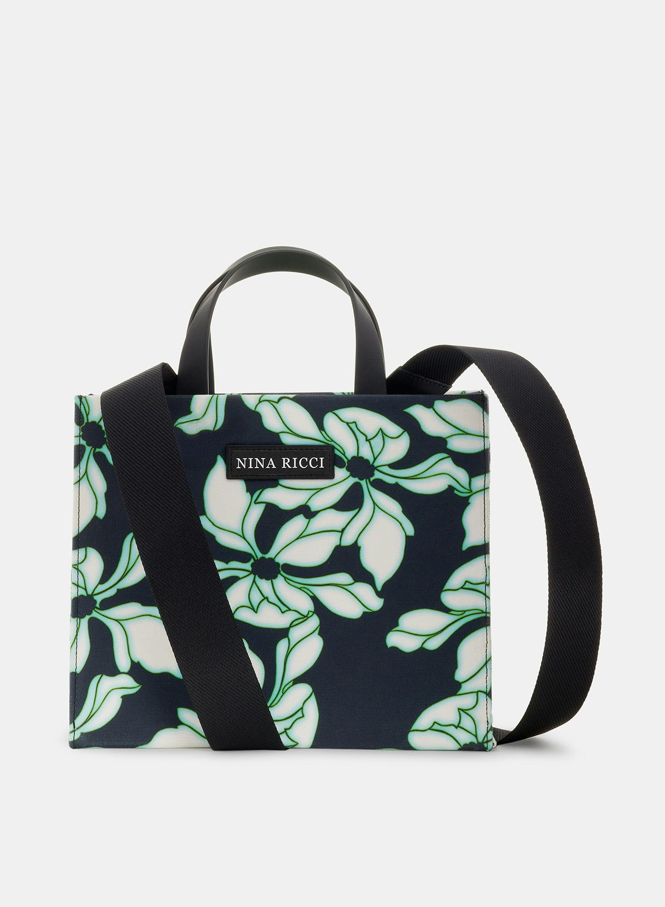 Bolso tote mediano de neopreno con estampado floral negro y verde agua y logotipo negro - Nina Ricci