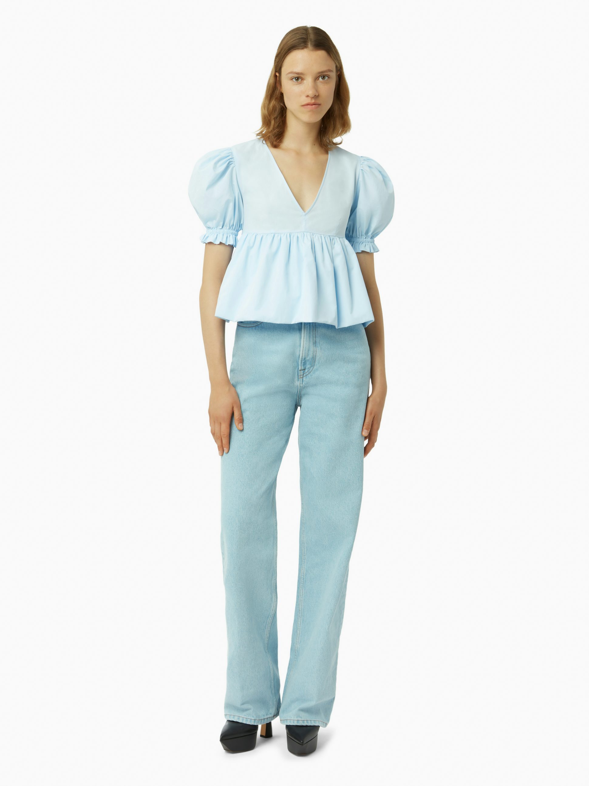 Babydoll top with ruched sleeves in light blue - Nina Ricci
