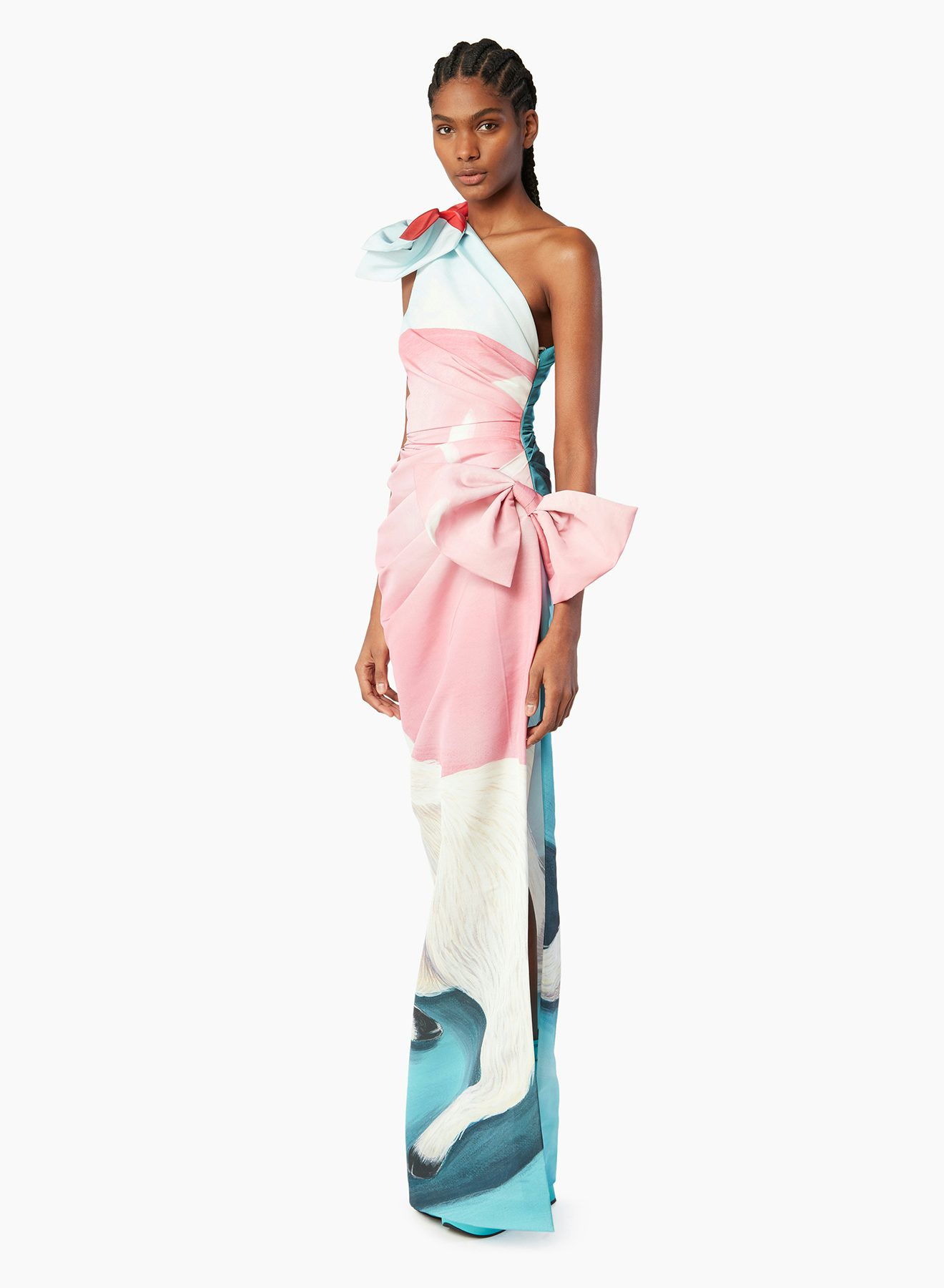 Robe longue asymétrique imprimée rose bleu gris - Nina Ricci