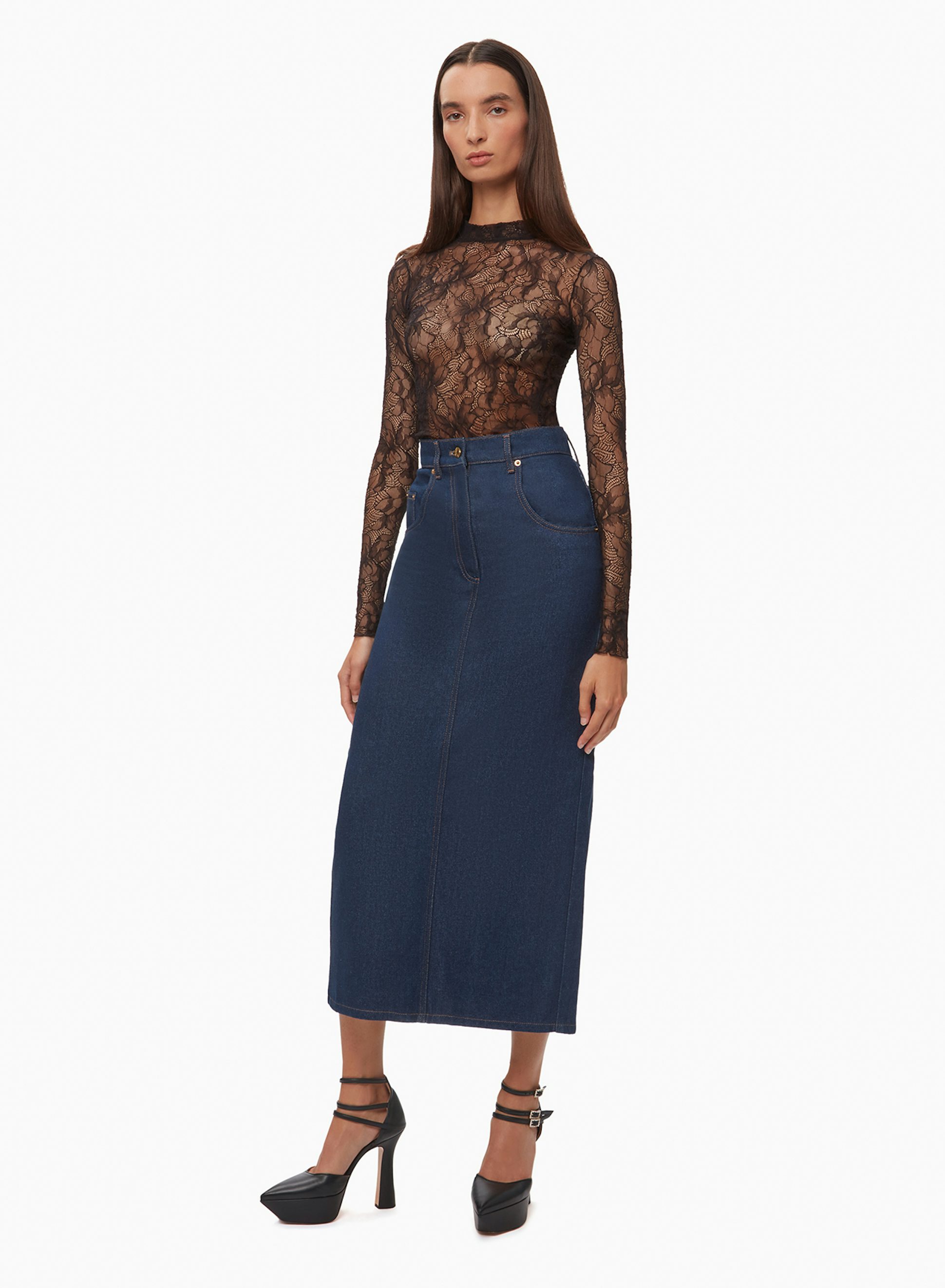 Long Denim Skirt With Slit Raw Blue- Nina Ricci