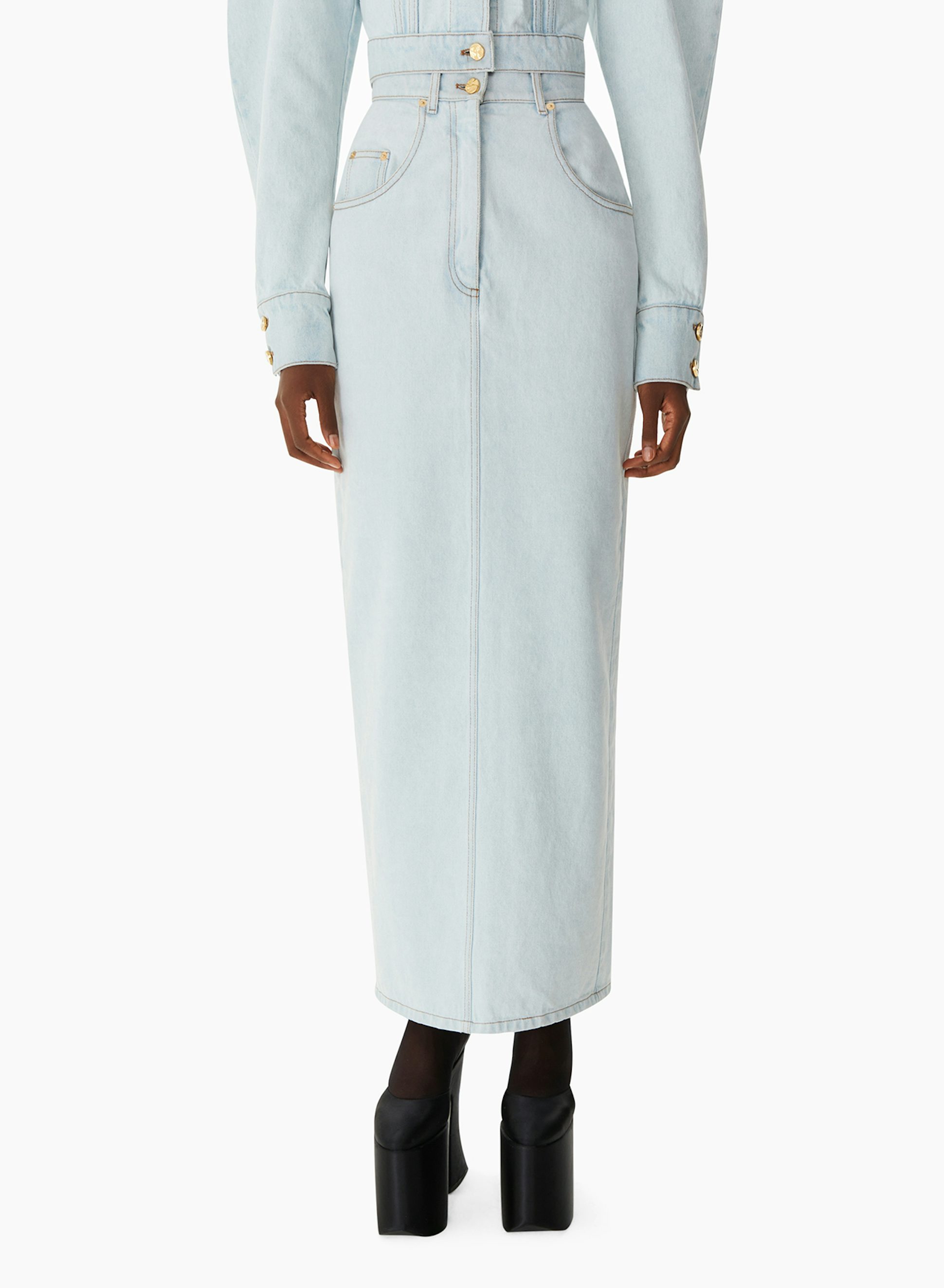 Long Denim Skirt With Slit Faded Blue - Nina Ricci 