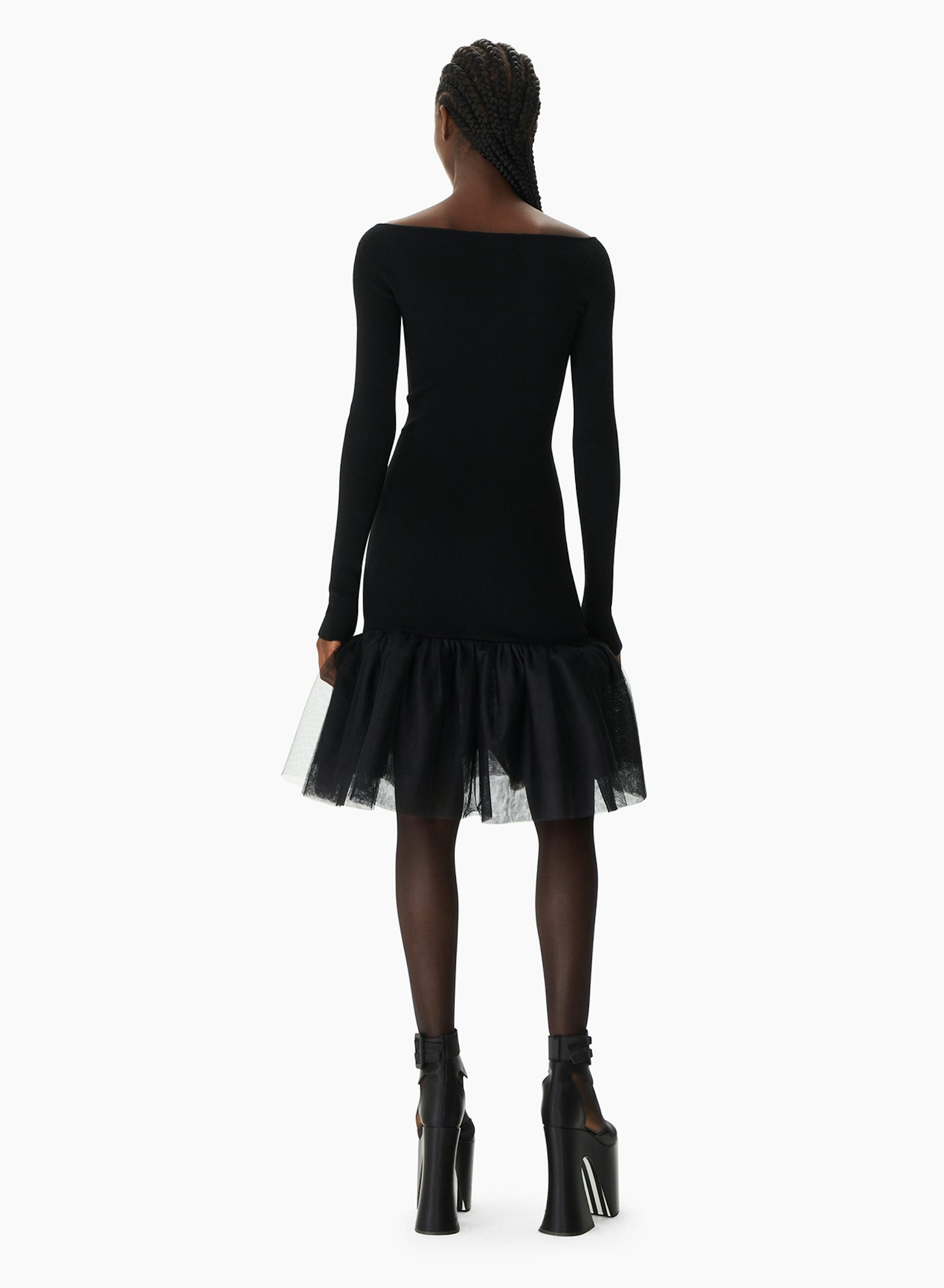 Minivestido De Punto Acanalado Y Tul Negro - Nina Ricci