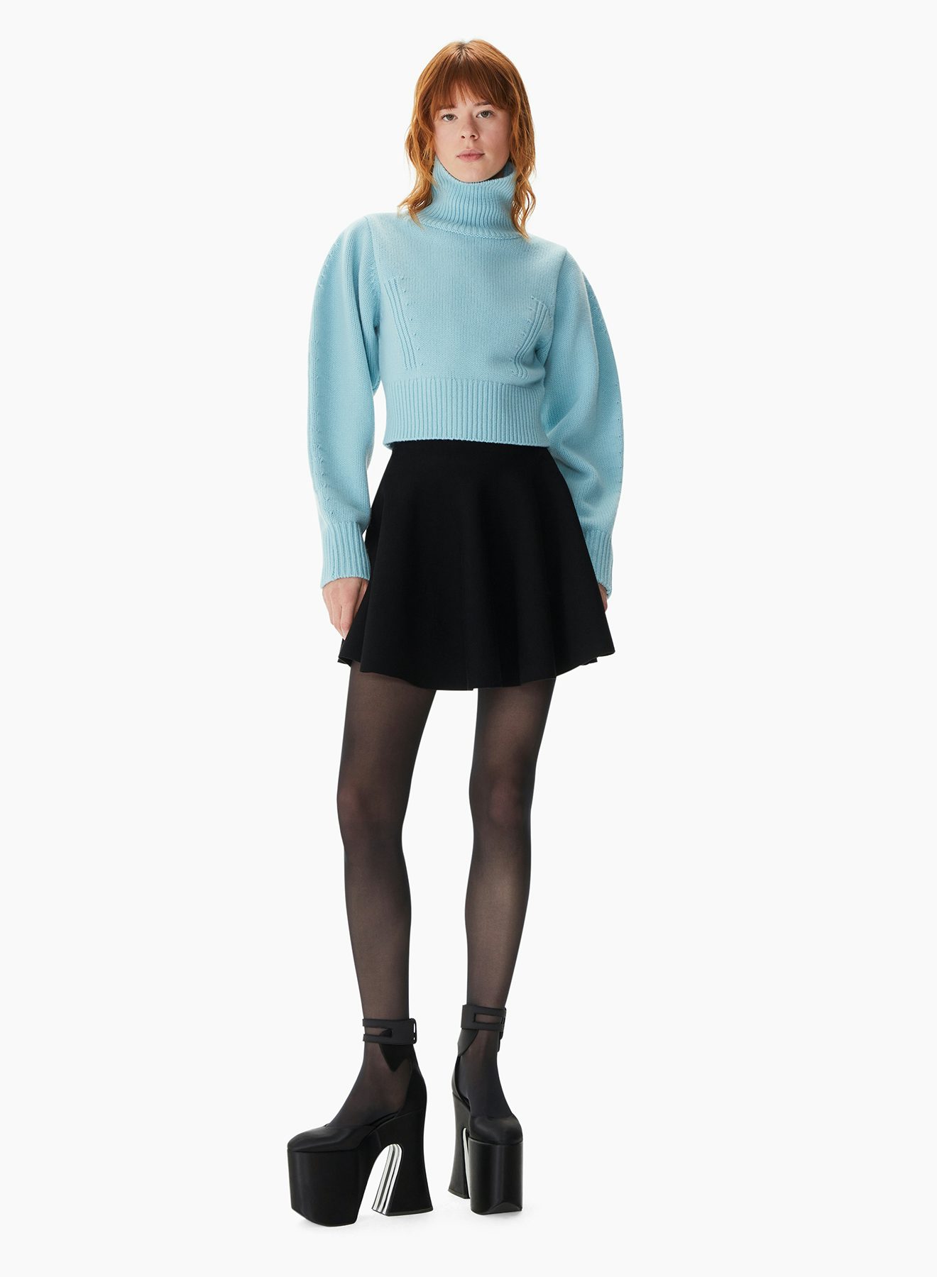 Cropped Turtleneck Puff Sleeve Sweater Light Blue - Nina Ricci 