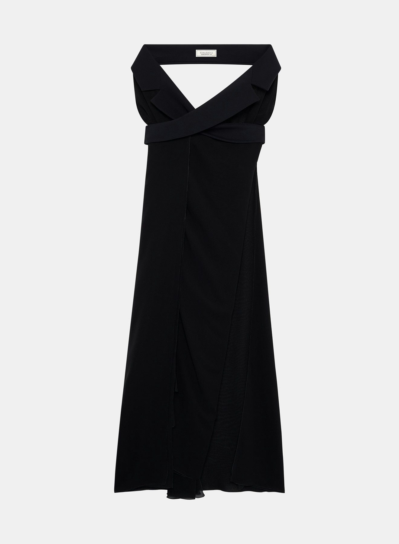Vestido cruzado de crespón de seda negra y escote con solapa de tejido gabardina - Nina Ricci