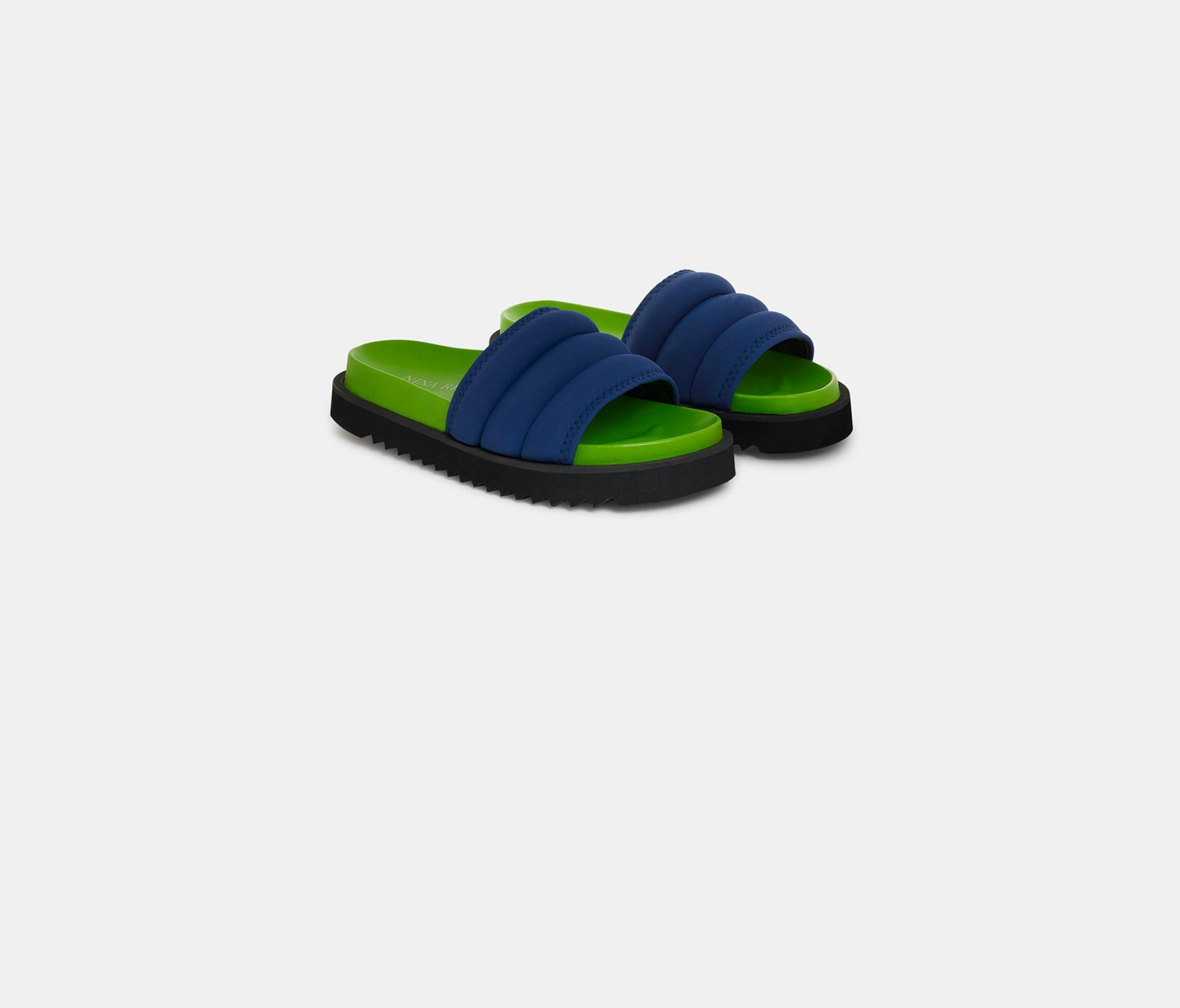 Quilted Dark Navy Blue Neoprene Slides with Green Leather Sole - Nina Ricci