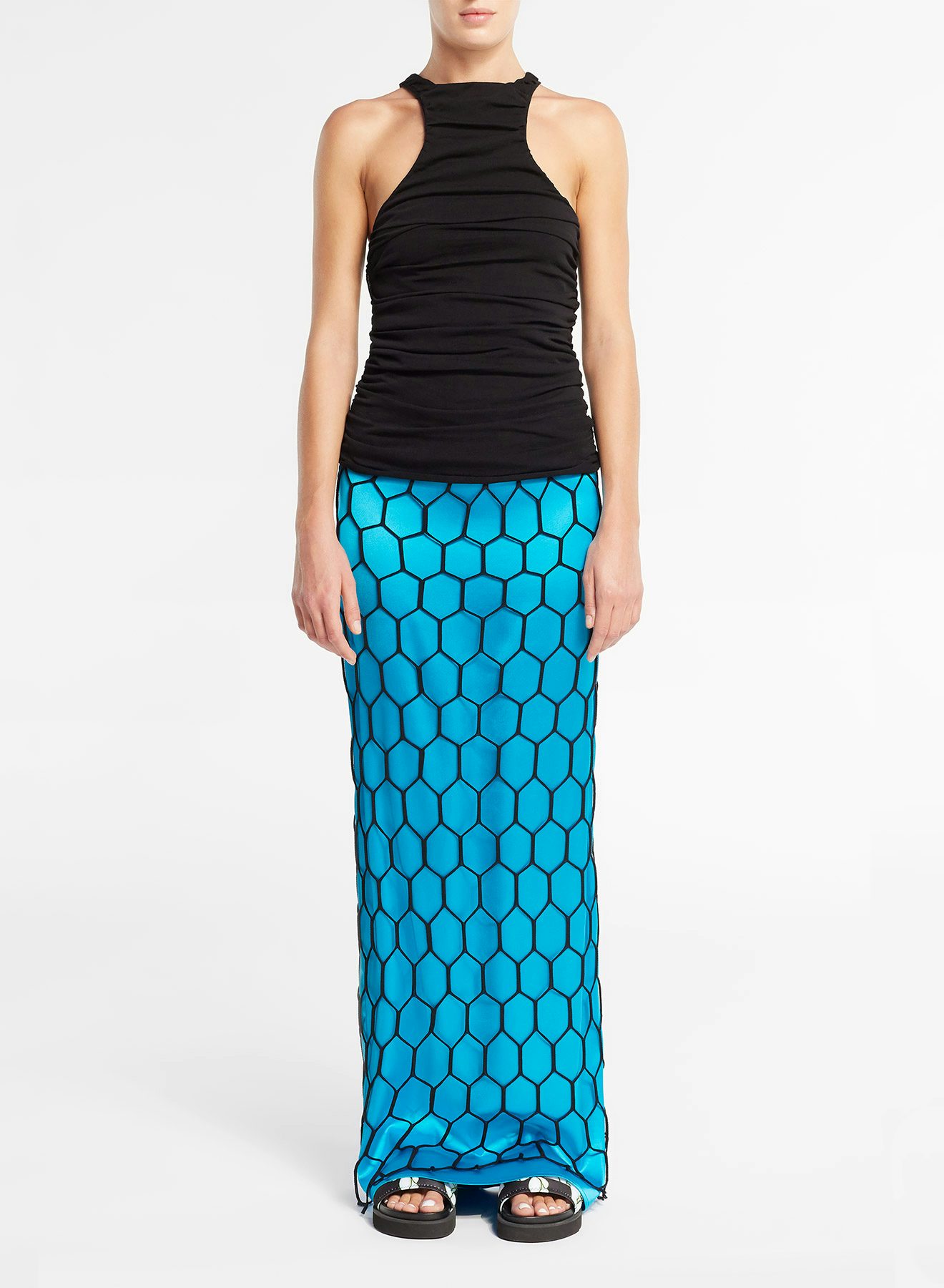 Long Straight Skirt in Cyan Blue Satin - Nina Ricci