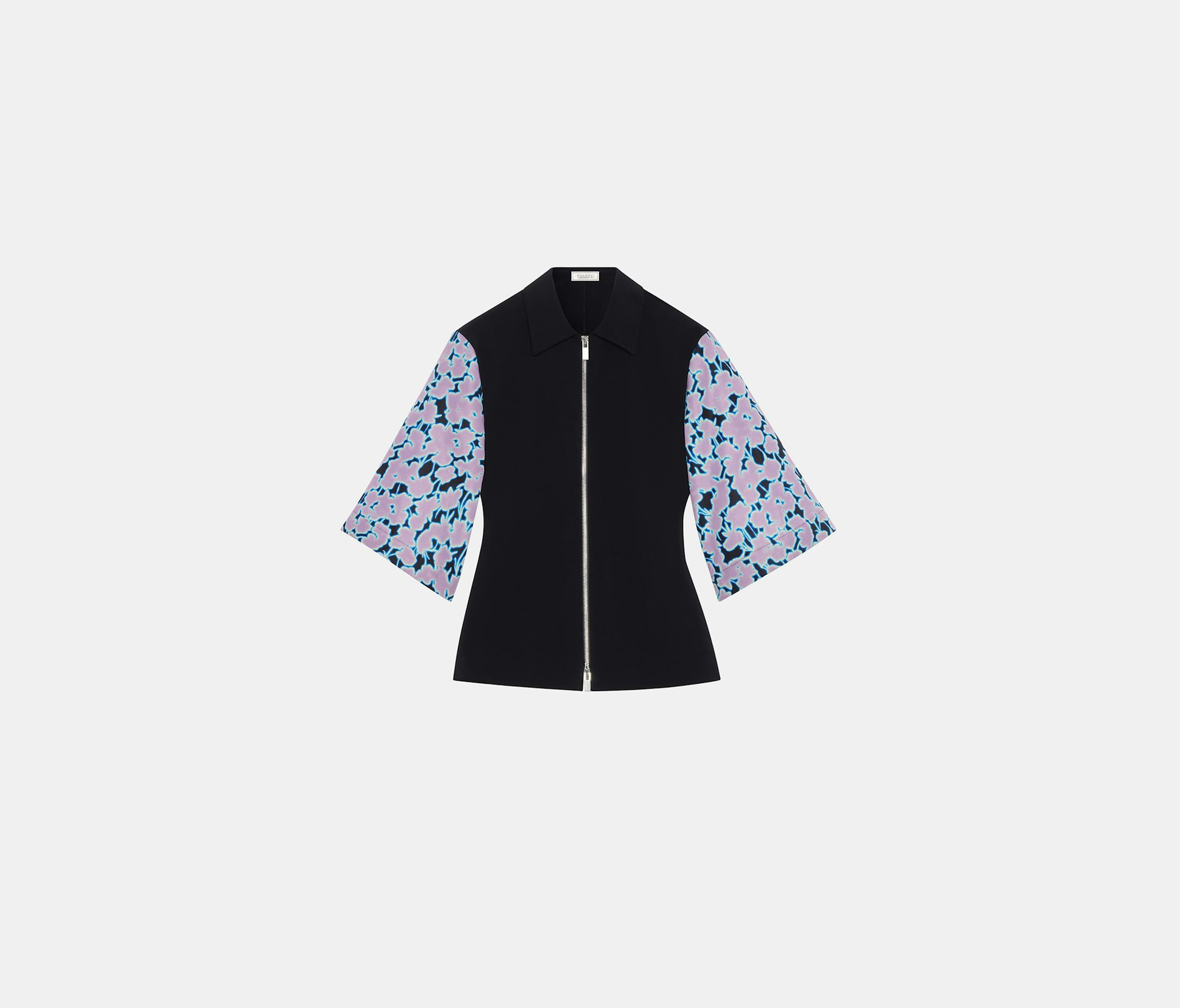 Black zipped shirt in light neoprene with sleeves in coral print - Nina Ricci