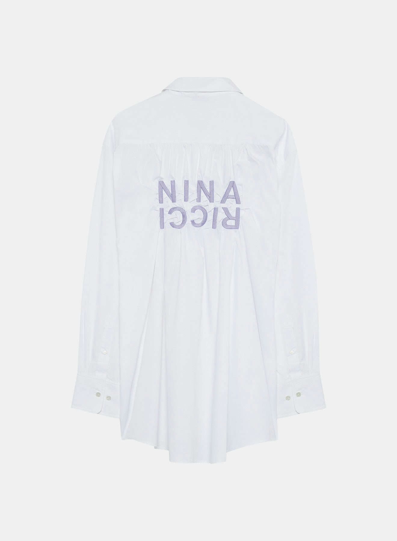 Camisa efecto arrugado blanca y violeta con bordado contrastado Nina Ricci en la espalda - Nina Ricci