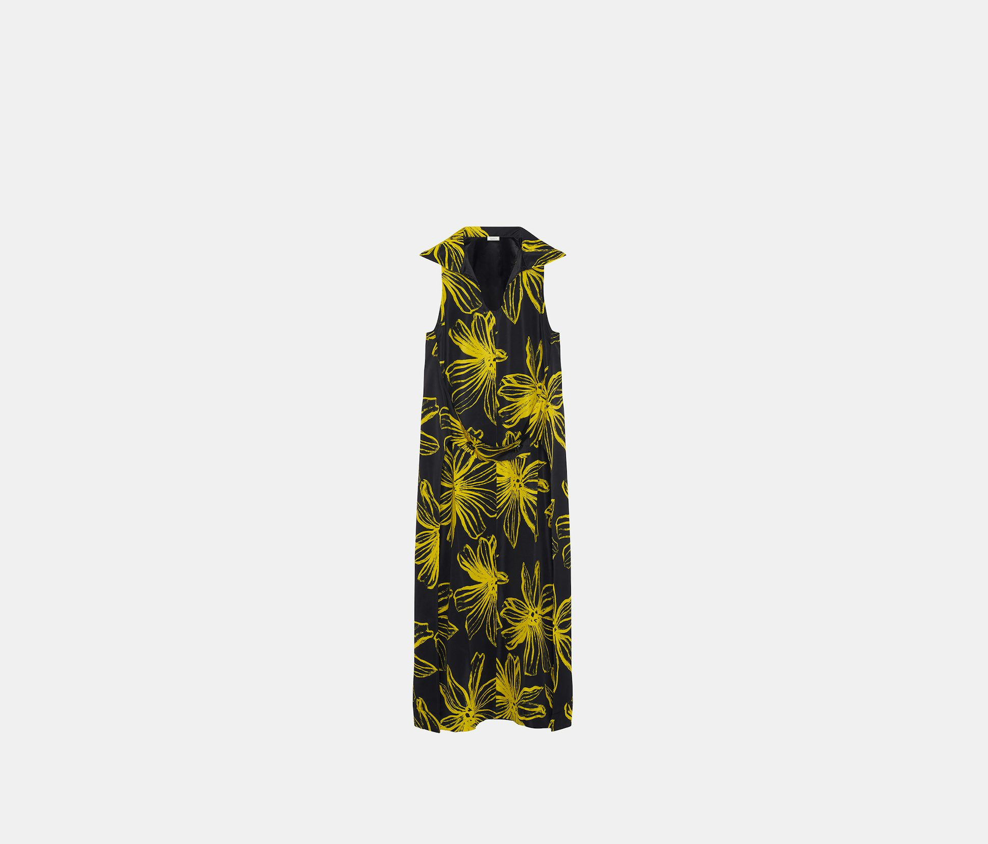Robe sans Manche Ouverte sur les Cotés et Nouée Devant en Imprimé Fleurs de Lotus Noir et Jaune - Nina Ricci