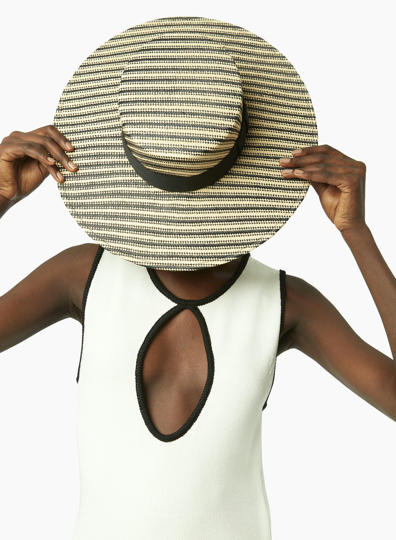 Stripped raffia canotier hat in sand and black - Nina Ricci