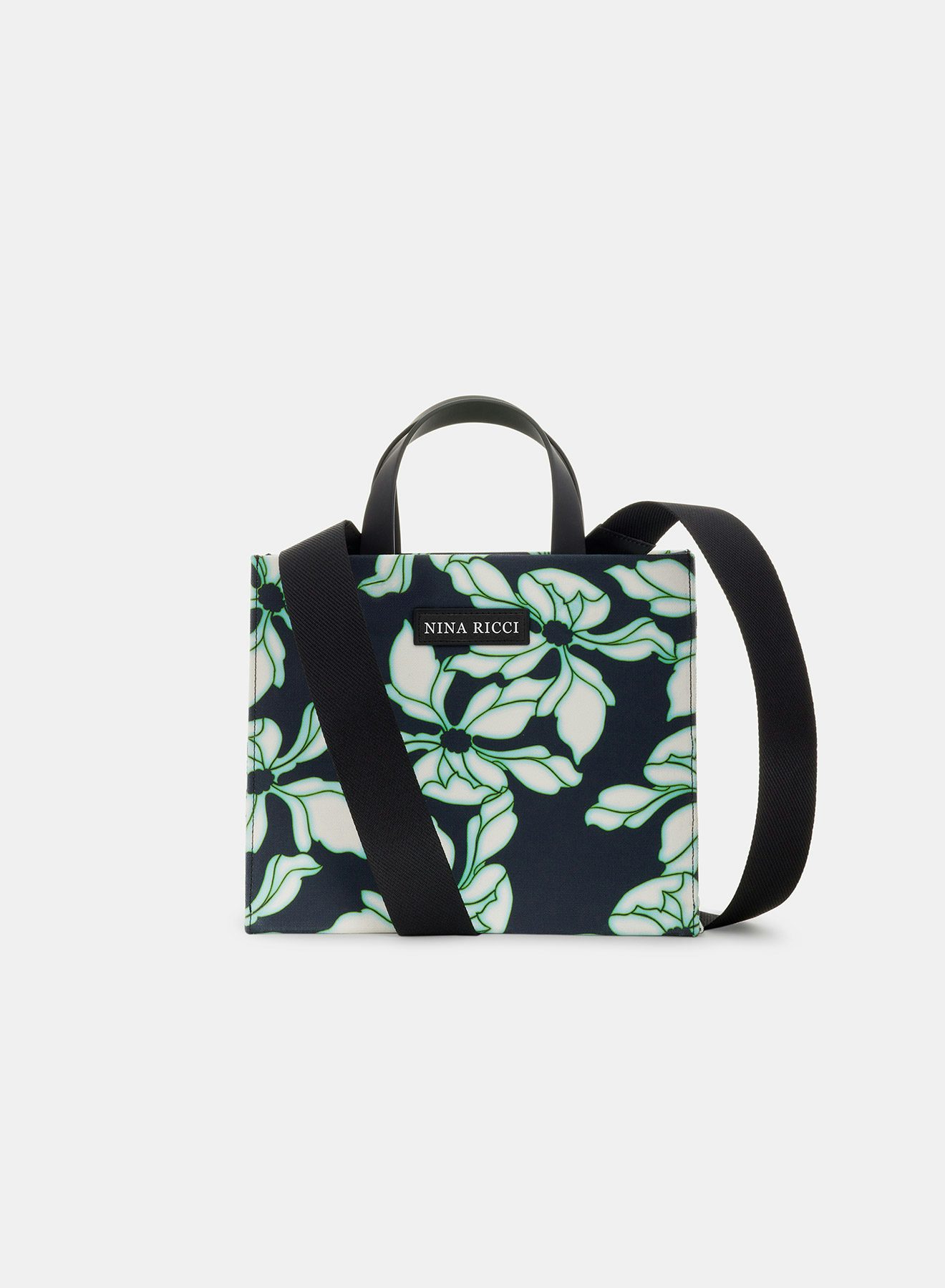 Small neoprene tote bag with removable shoulder strap in water green and black floral print - Nina Ricci