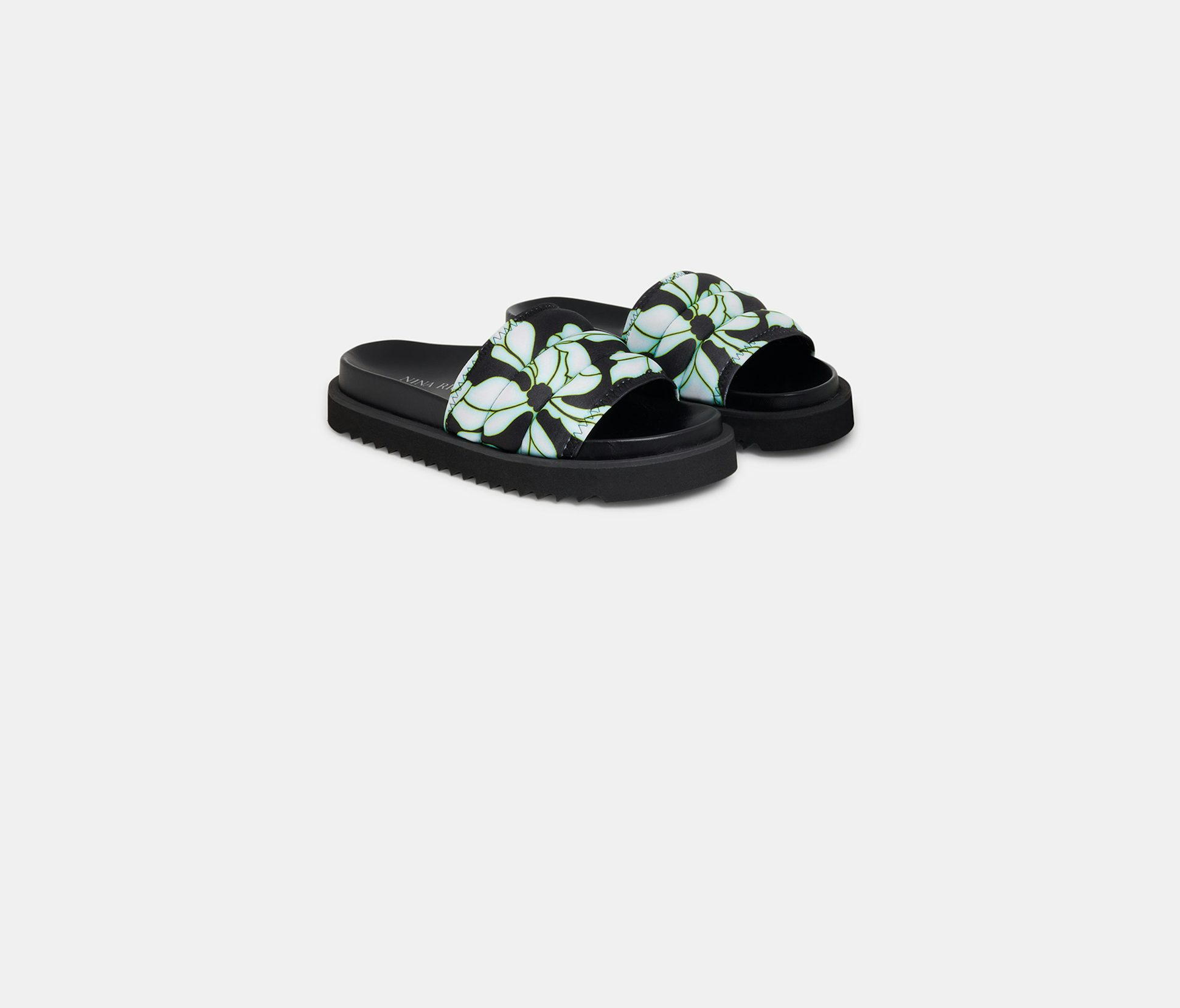 Quilted Water Green and Black Printed Neoprene Slides with Leather Sole - Nina Ricci