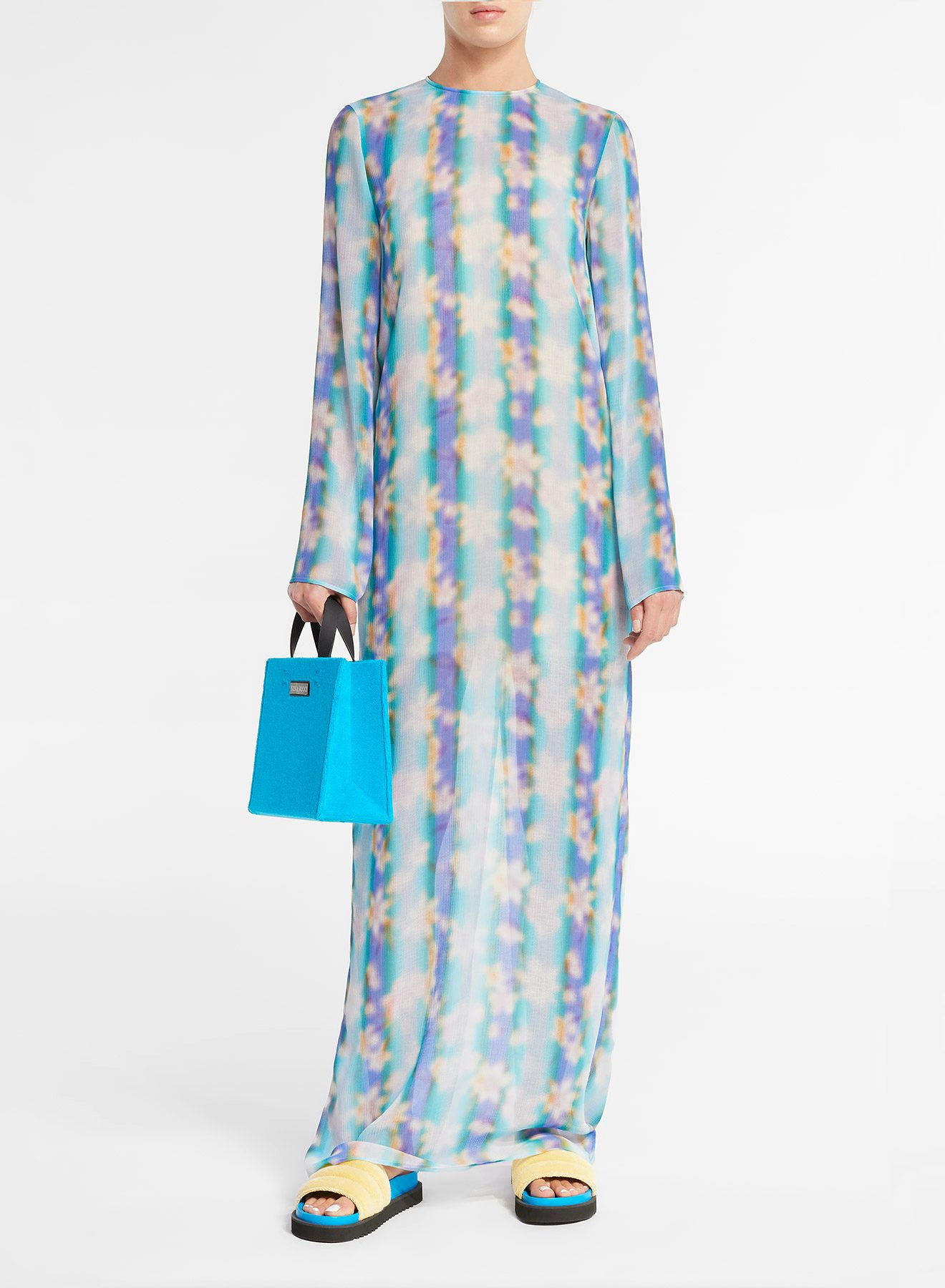 Vestido recto de manga larga de crespón con estampado de rayas y lilas - Nina Ricci
