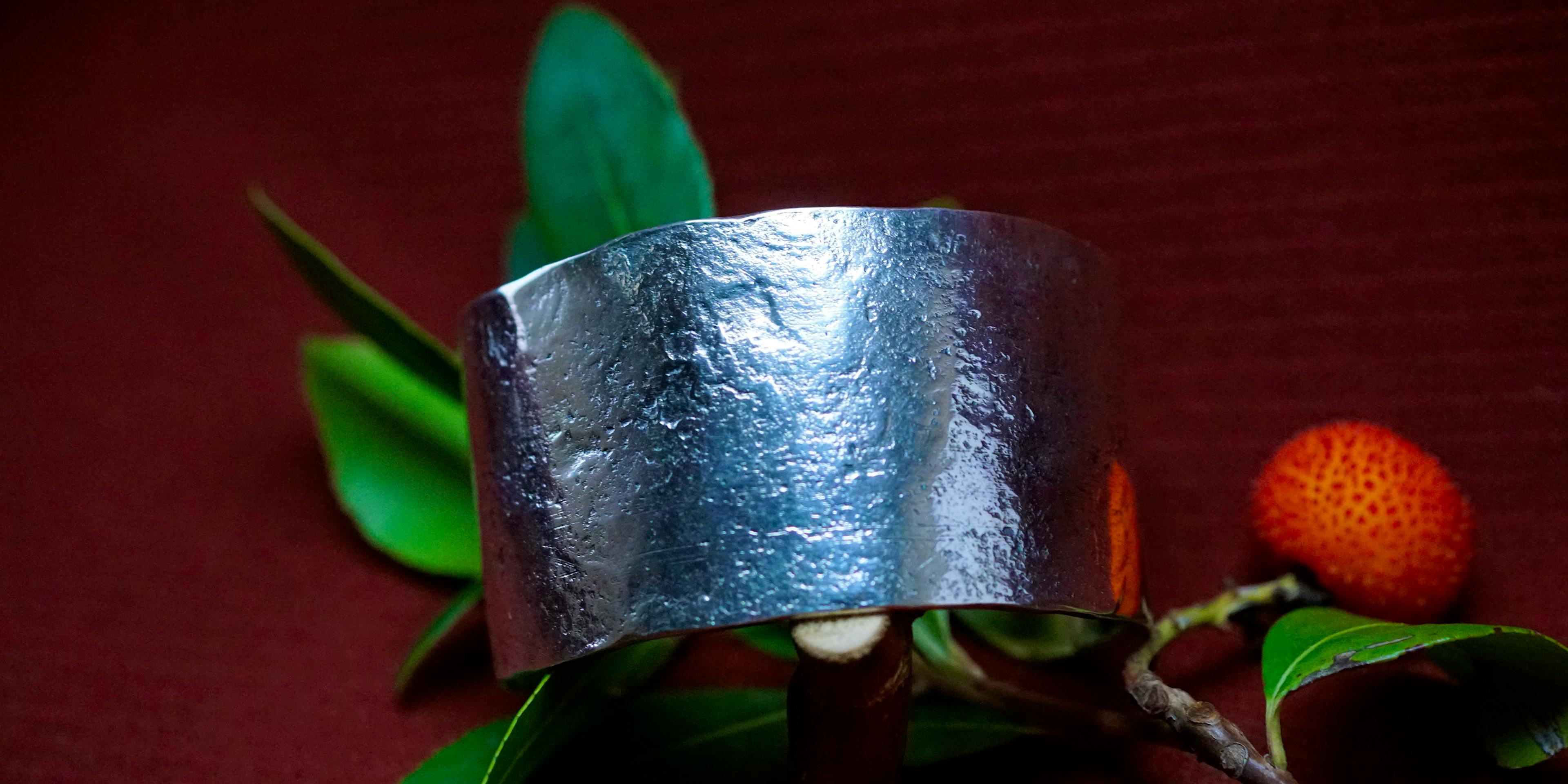 bracelet cuivre et argent posé sur une branche d'arbousié