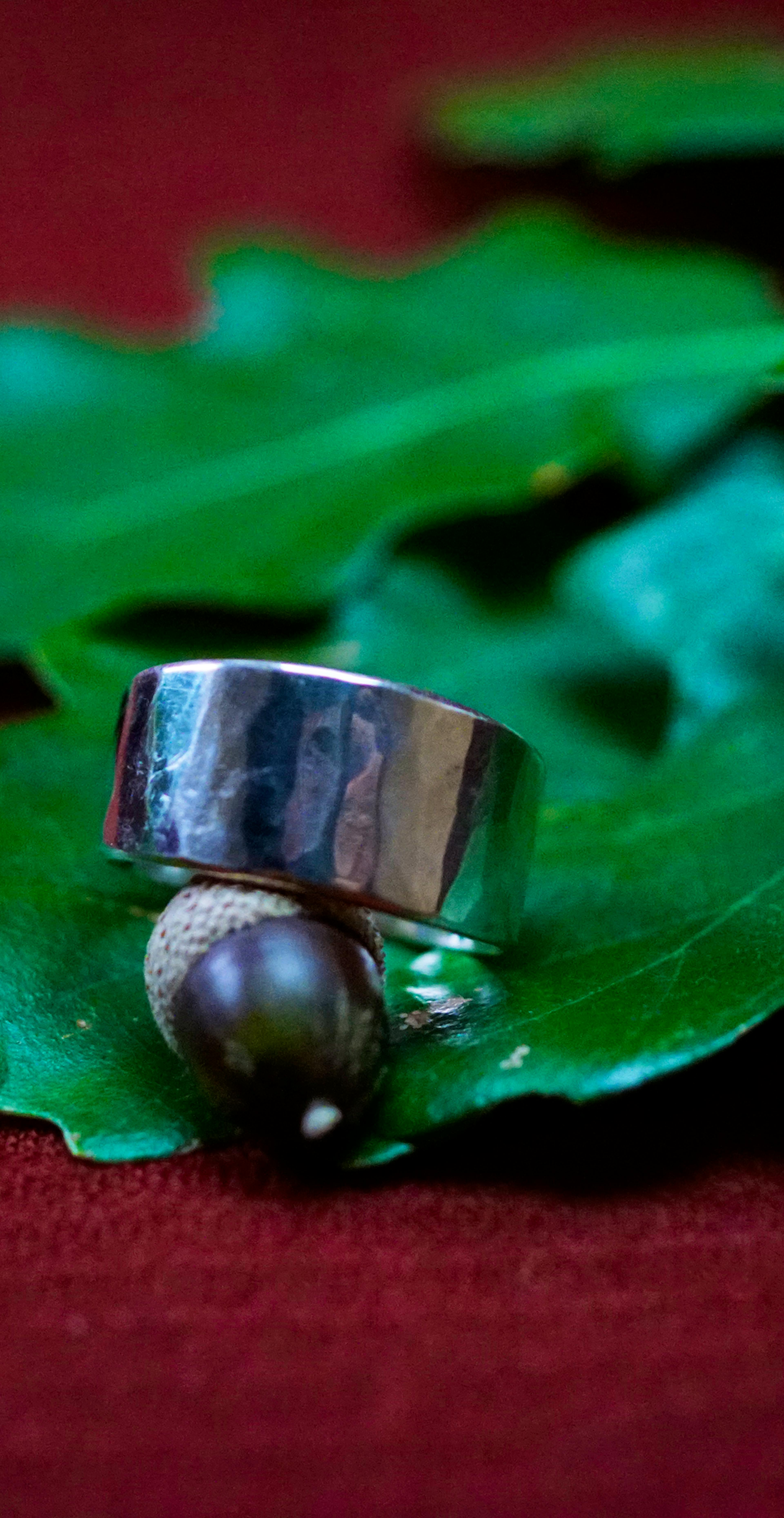 Bague cuivre plaqué argent posé sur des feuilles de chênes