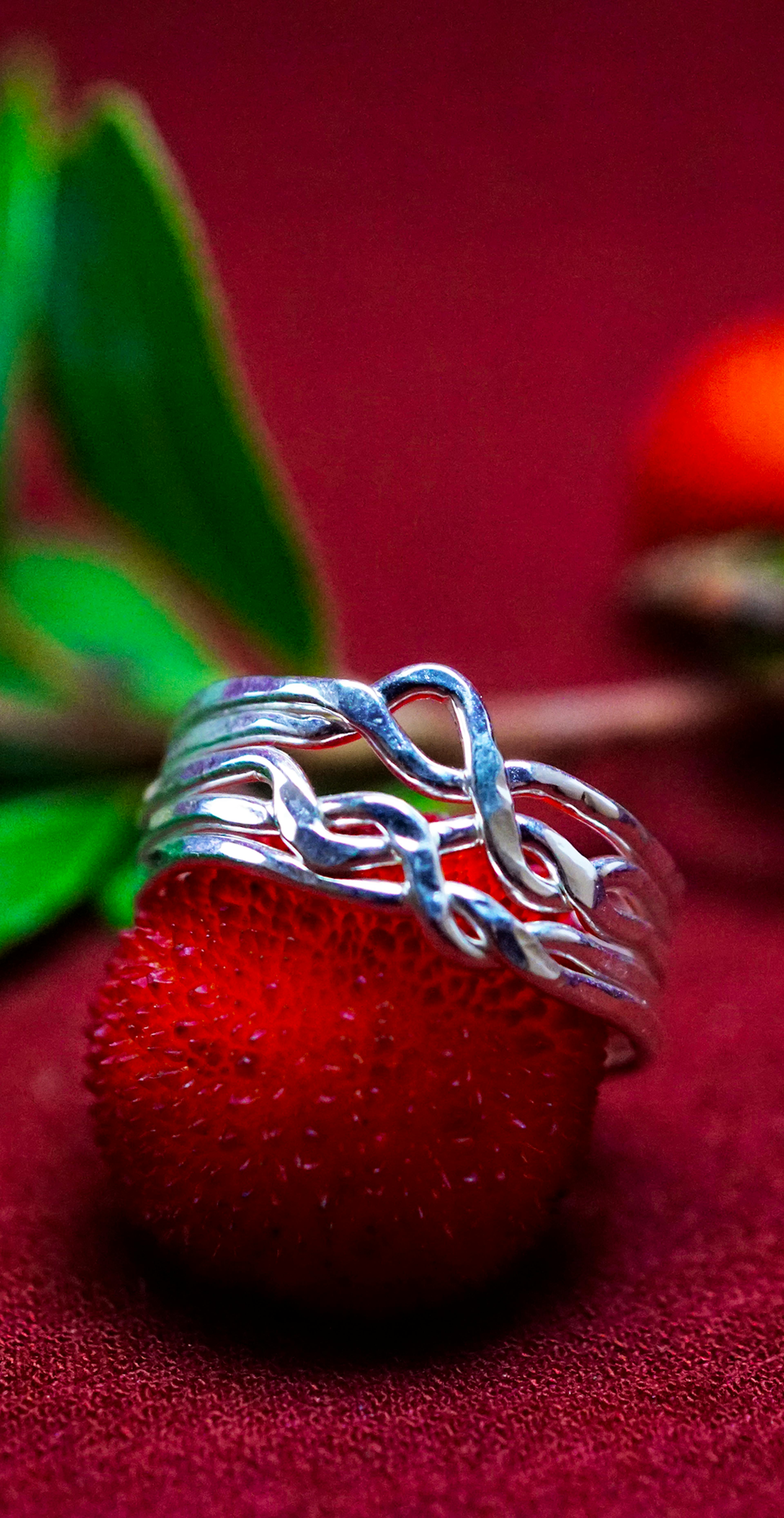 Bague Casse-tête 5 anneaux posé sur une arbouse