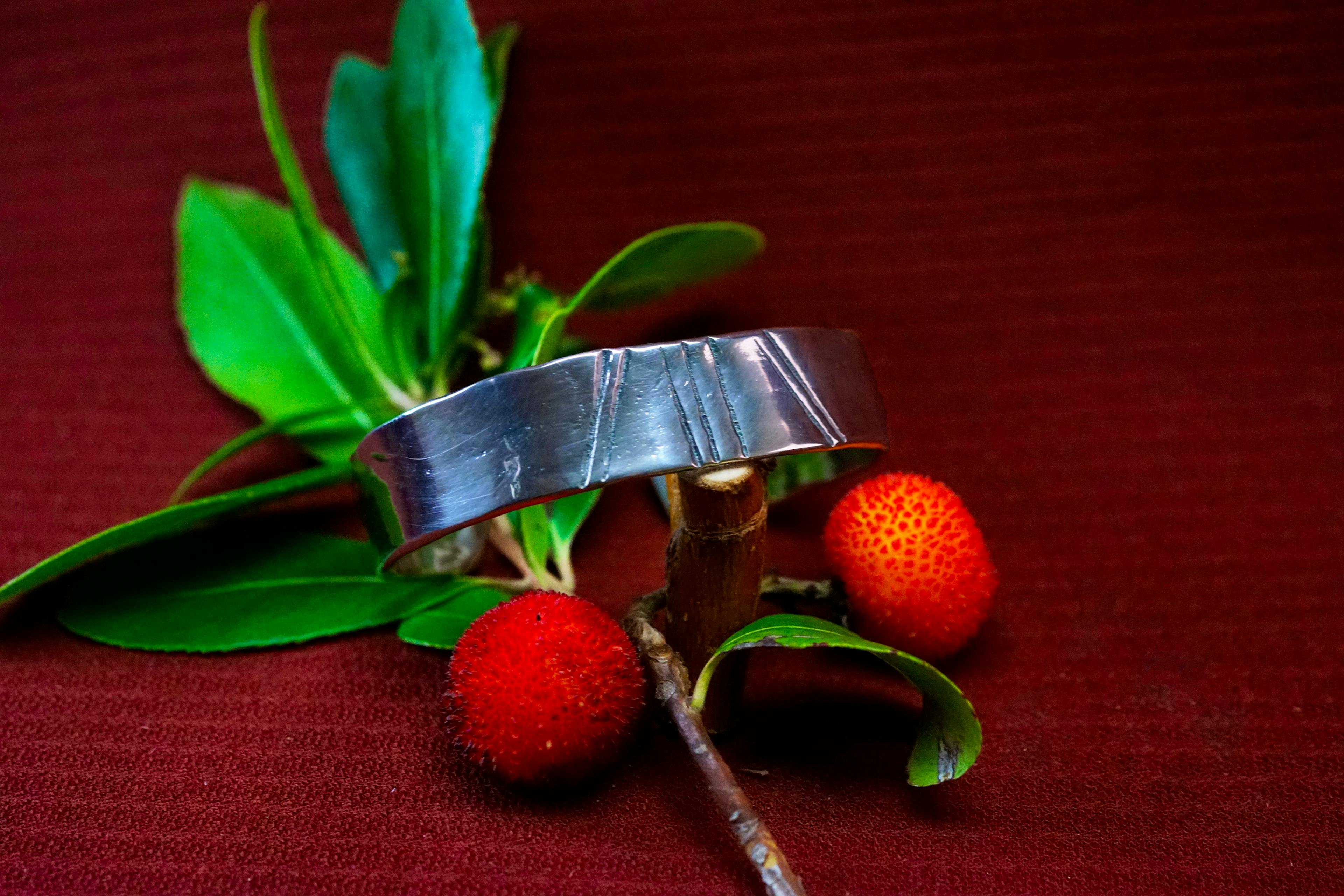 bracelet cuivre et argent posé sur une branche d'arbousié