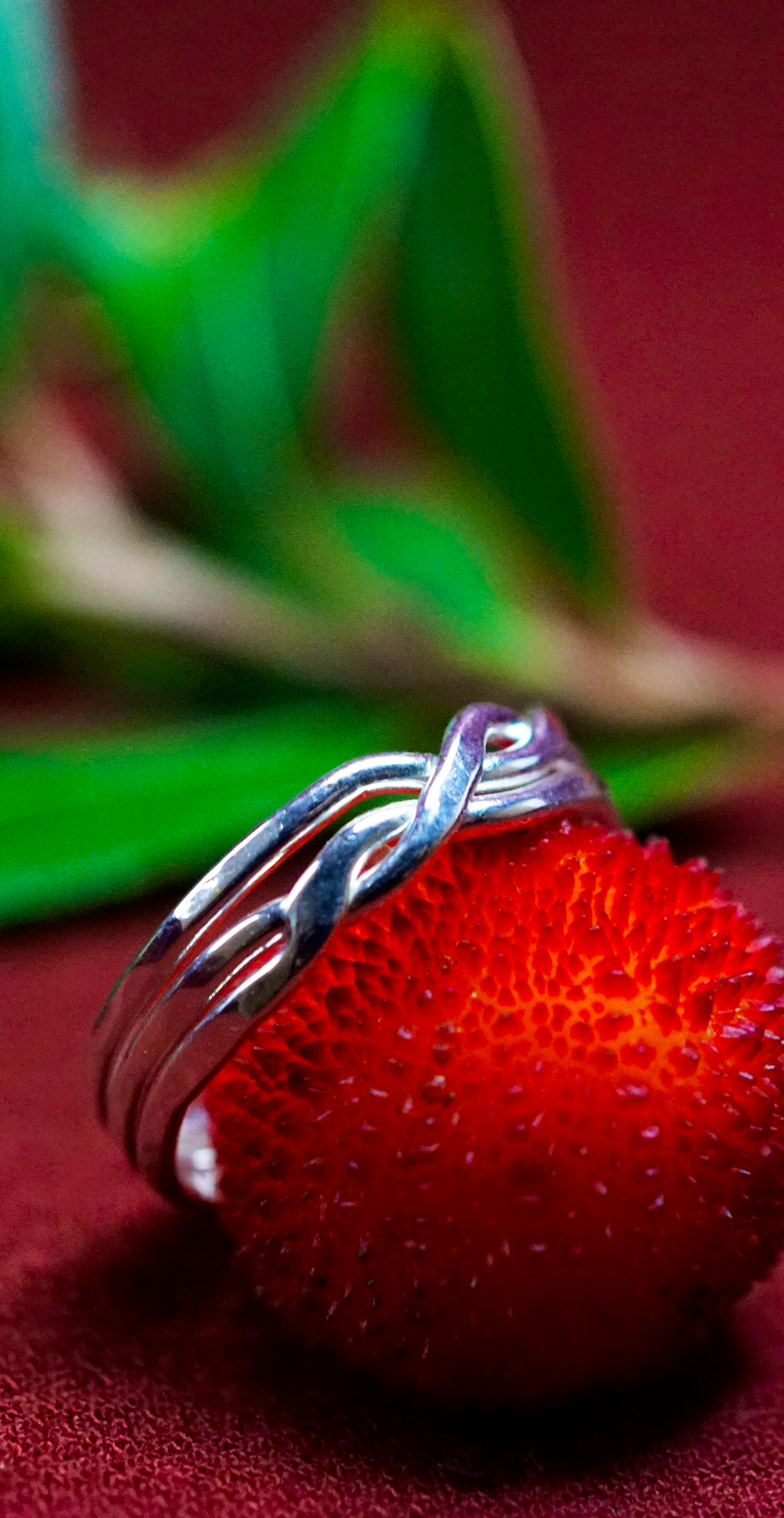 Bague Casse-tête 3 anneaux posé sur une arbouse