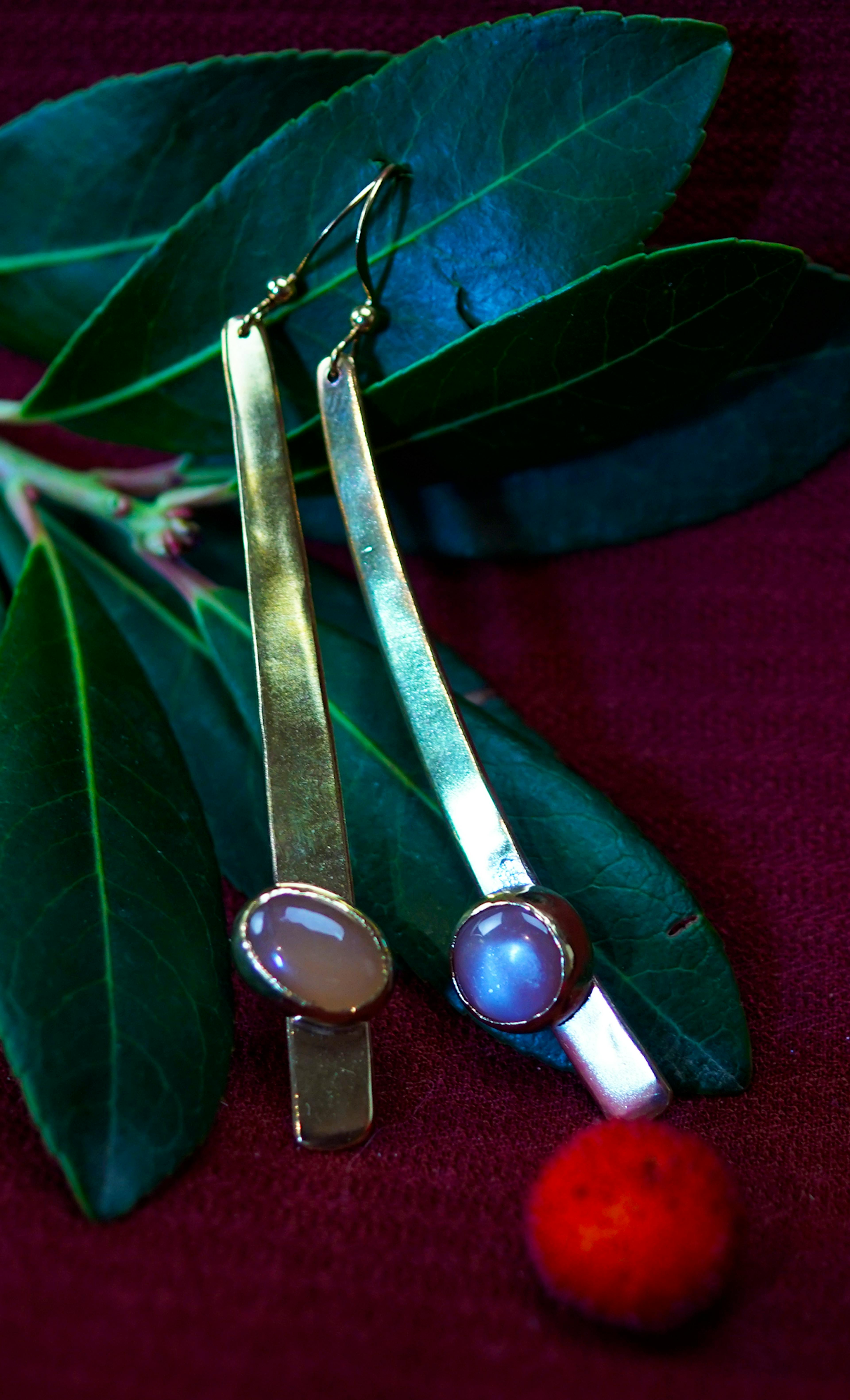 Boucle d'oreilles posées sur une branche d'arbousié