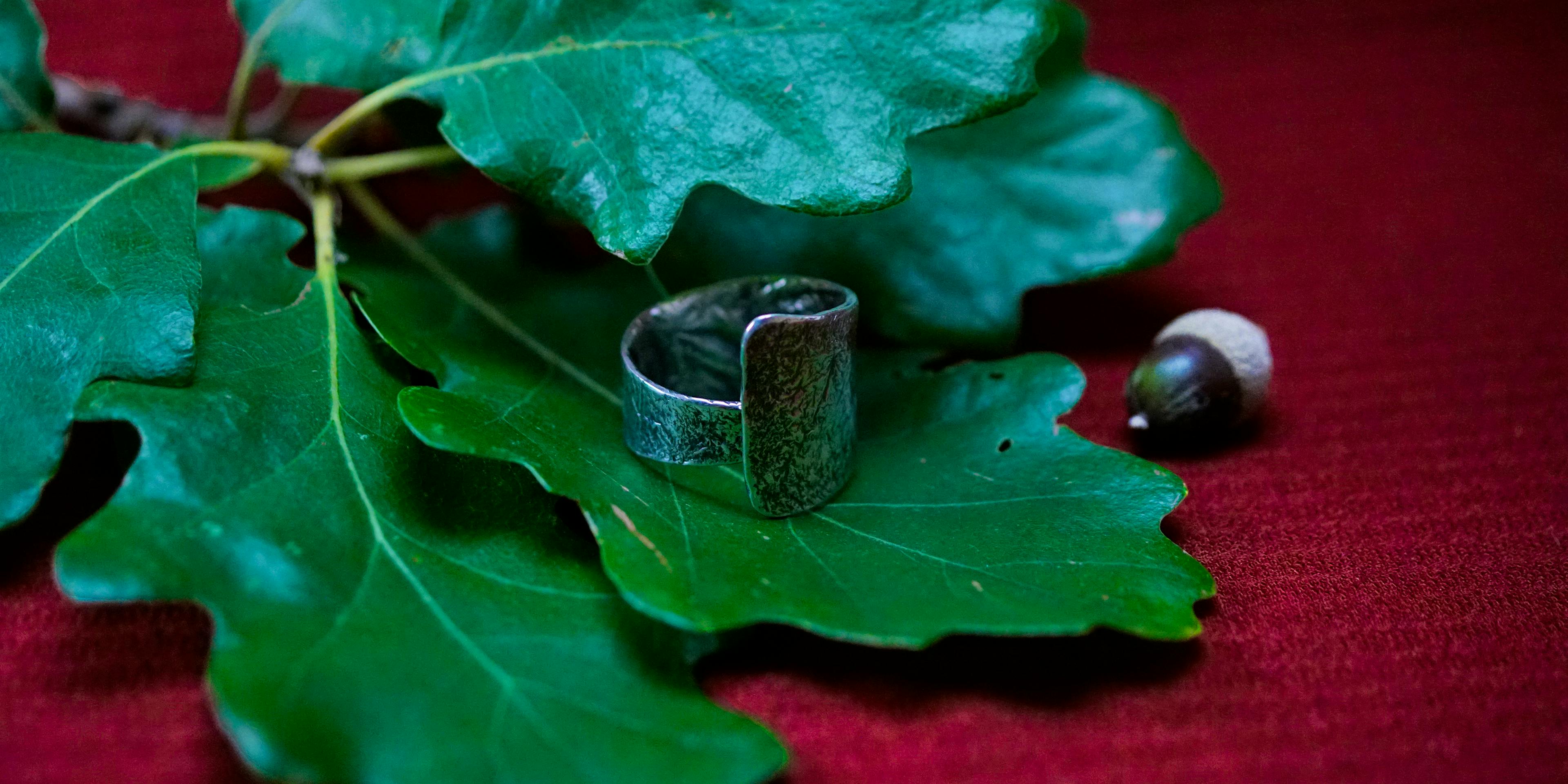 Bague cuivre plaqué argent posé sur des feuilles de chênes