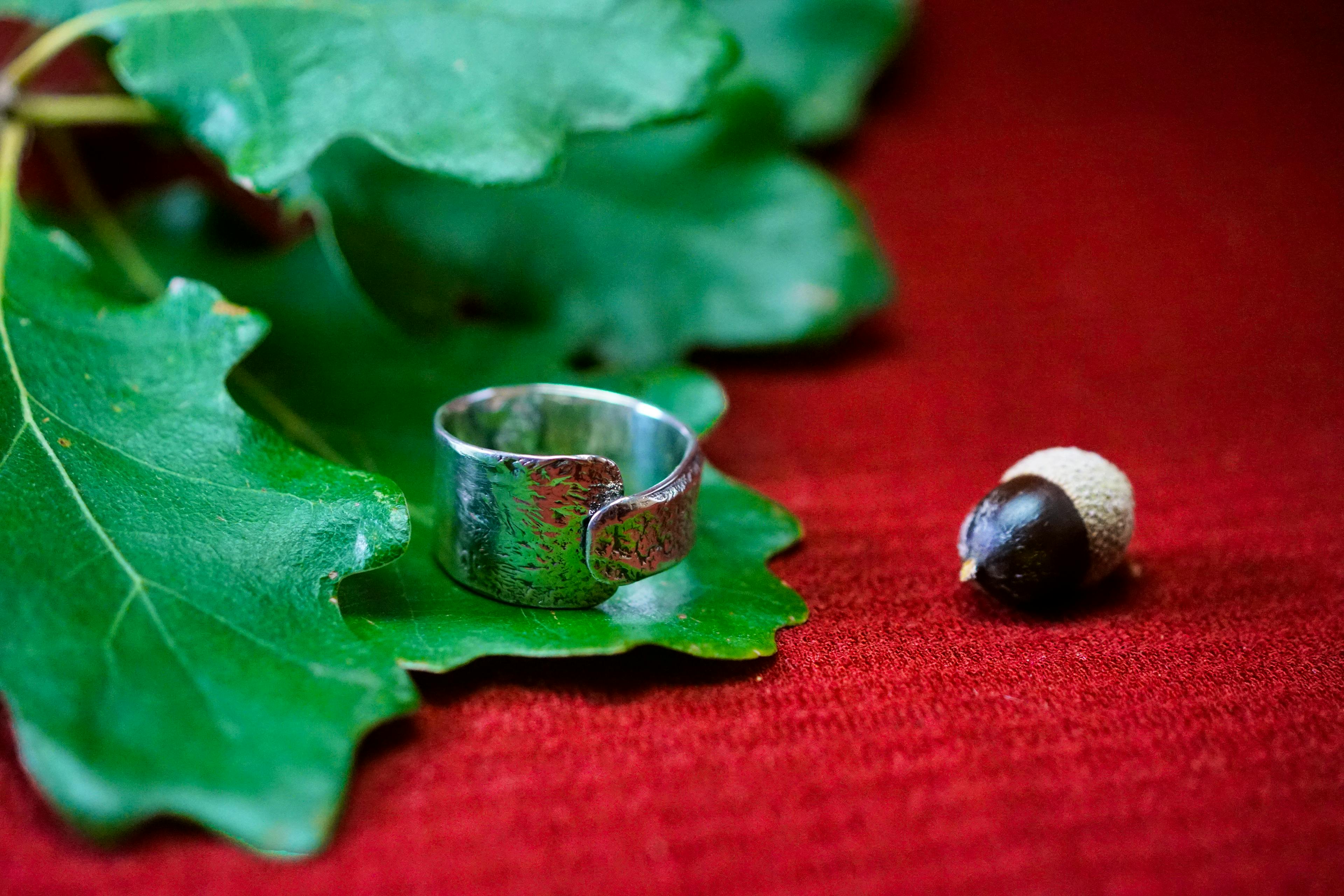 Bague cuivre plaqué argent posé sur des feuilles de chênes