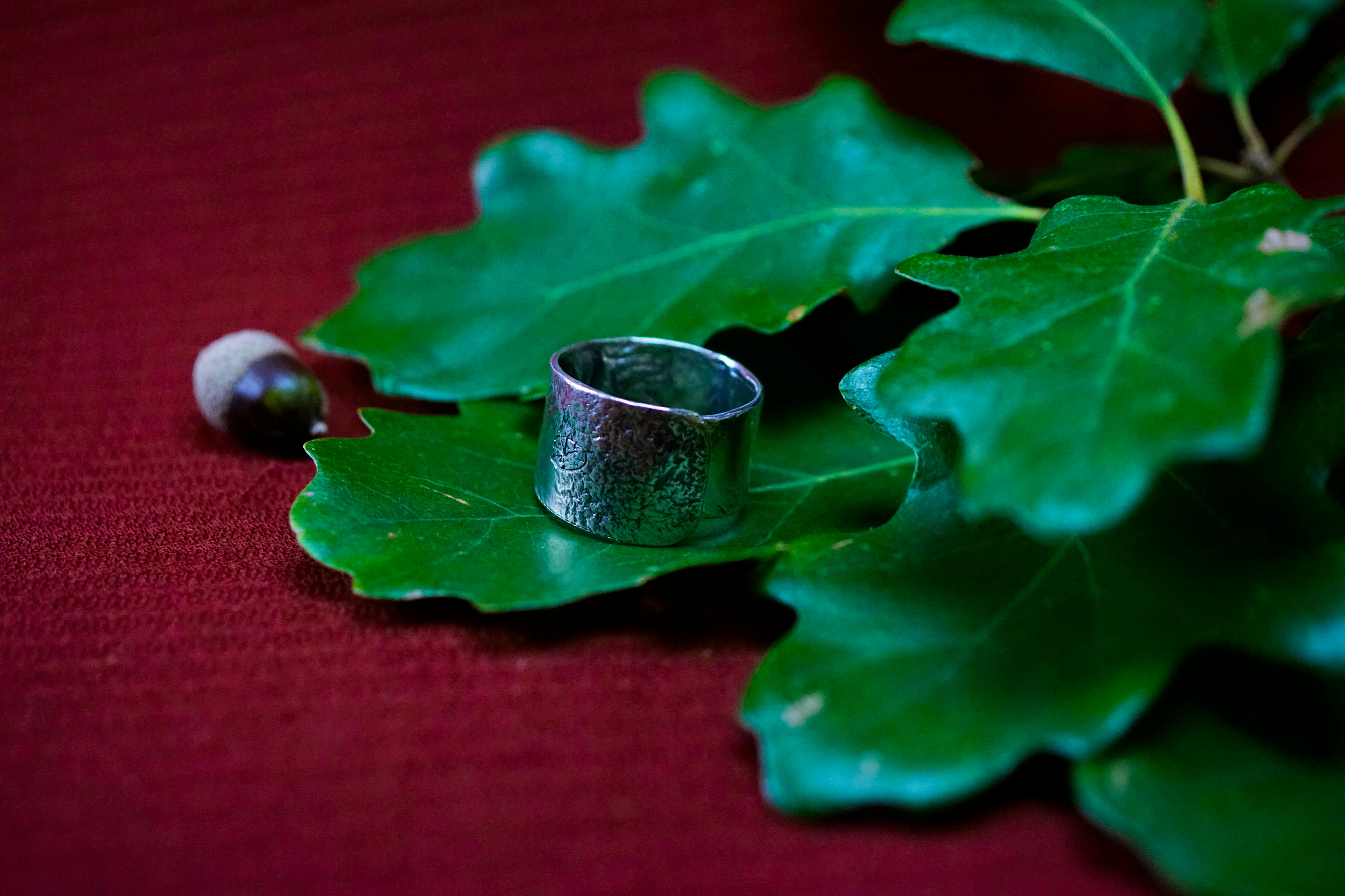 Bague cuivre plaqué argent posé sur des feuilles de chênes
