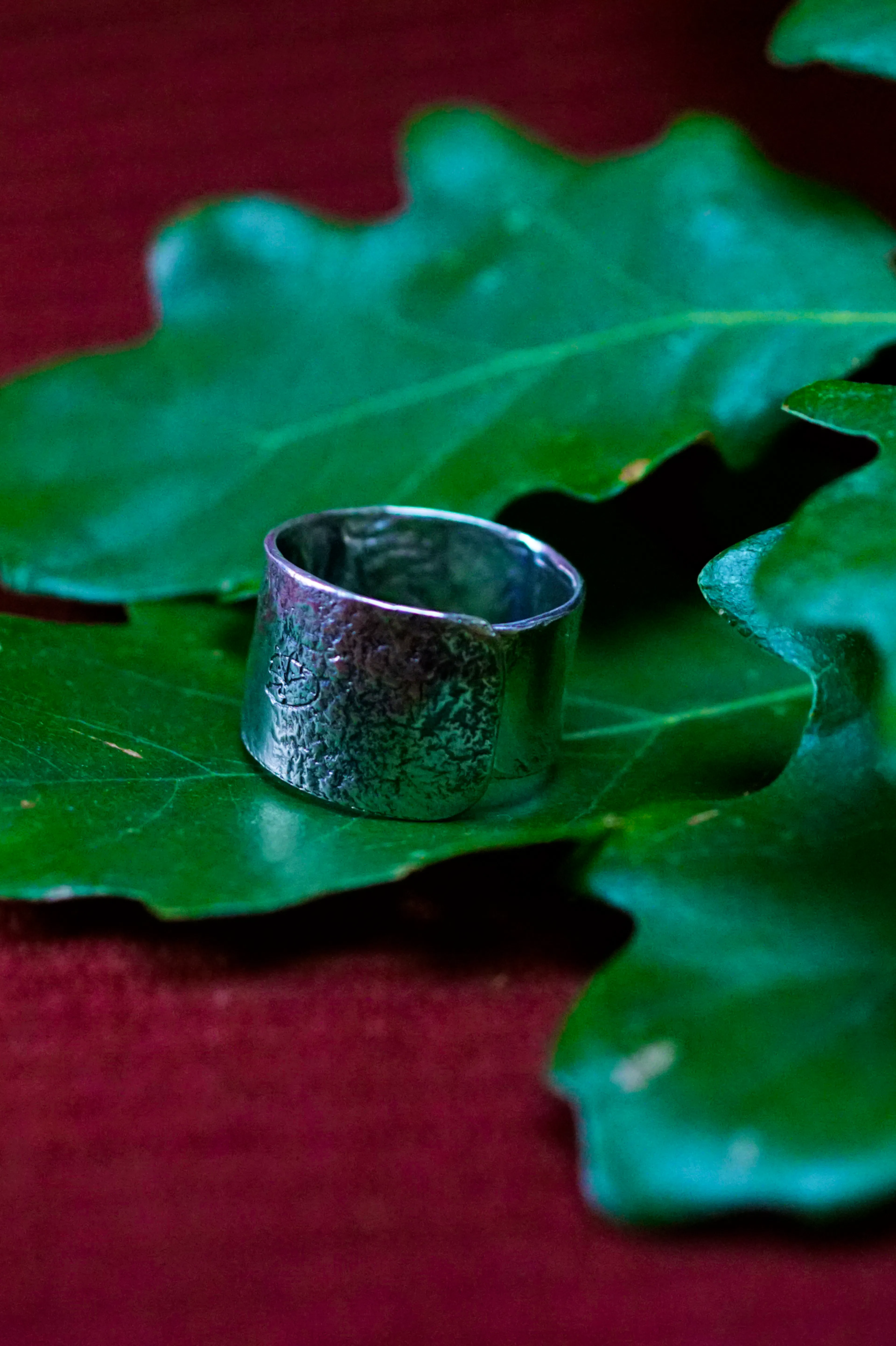 Bague cuivre plaqué argent posé sur des feuilles de chênes
