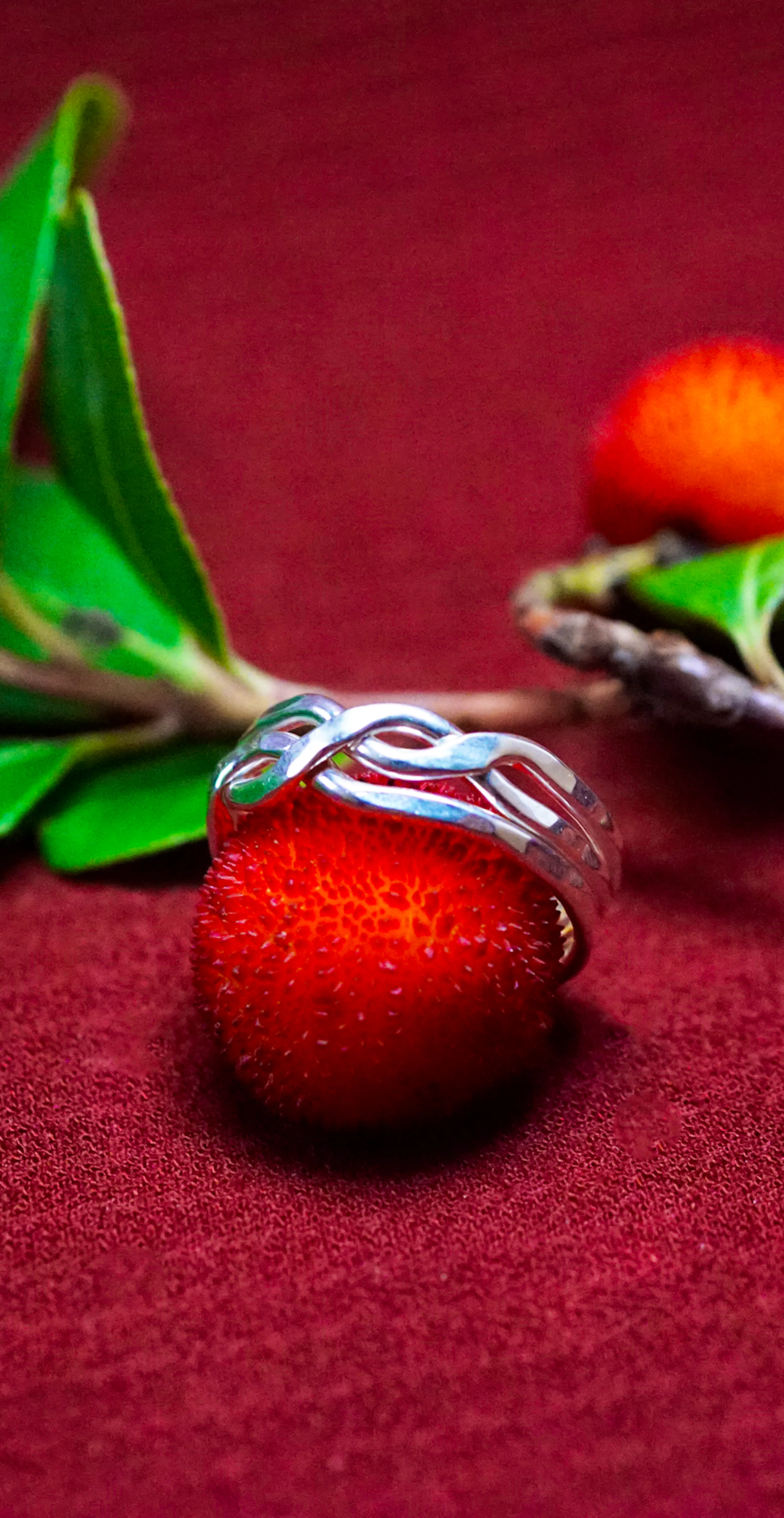 Bague Casse-tête 3 anneaux posé sur une arbouse