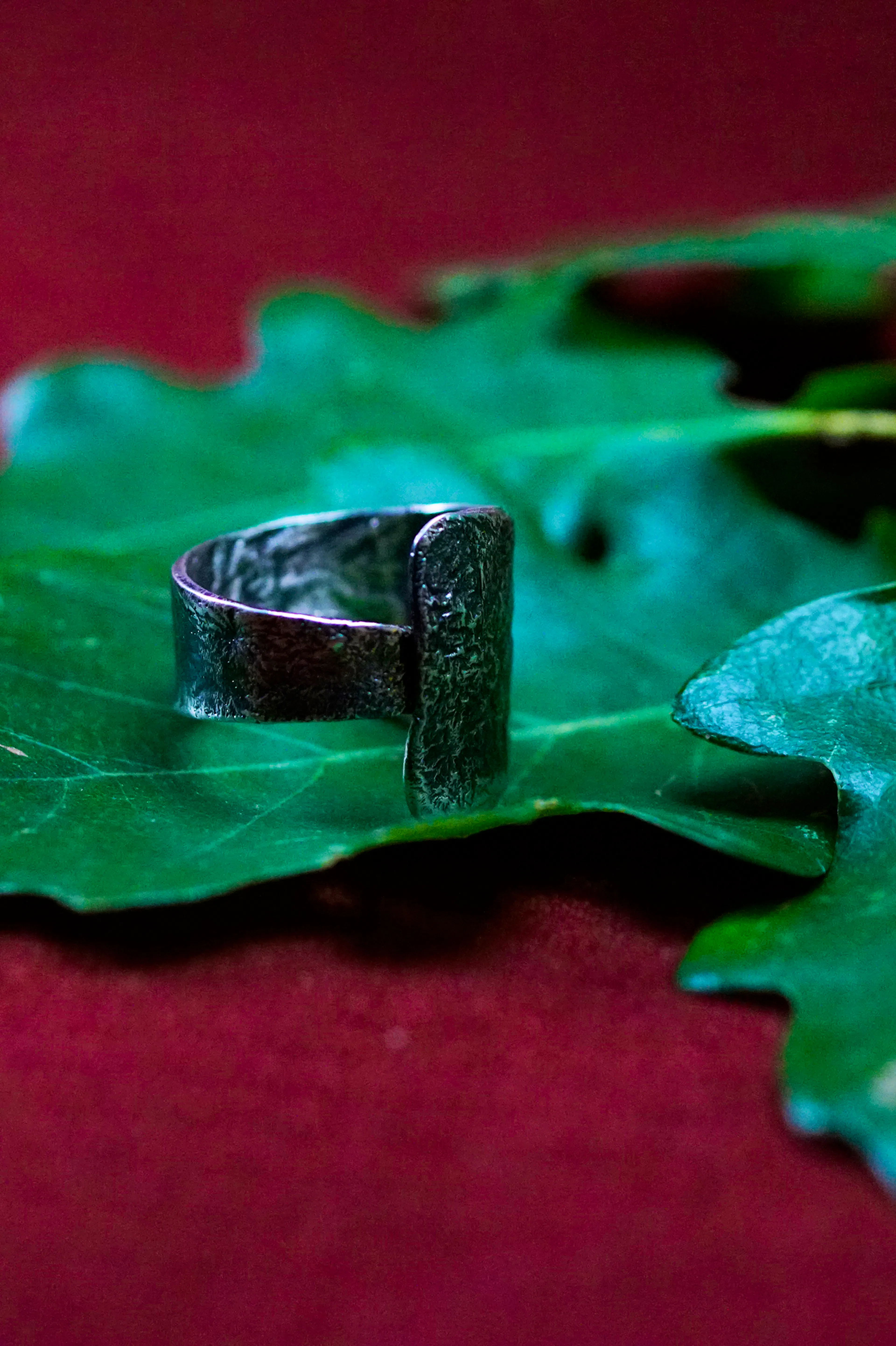 Bague cuivre plaqué argent posé sur des feuilles de chênes