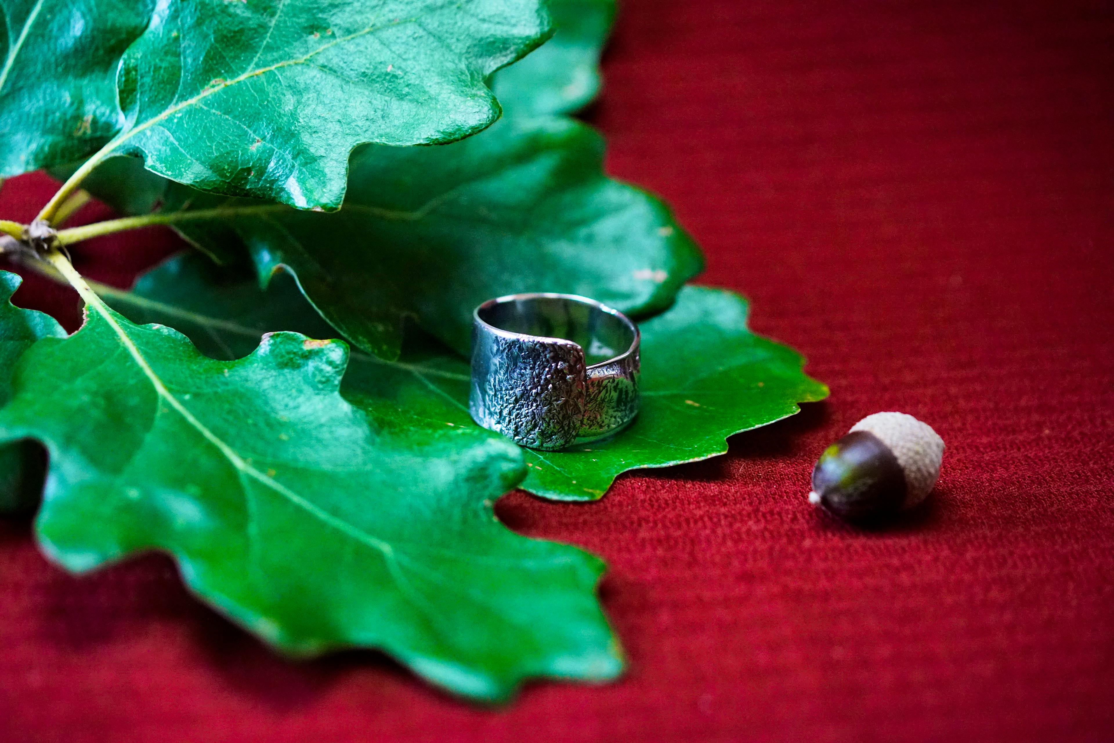 Bague cuivre plaqué argent posé sur des feuilles de chênes