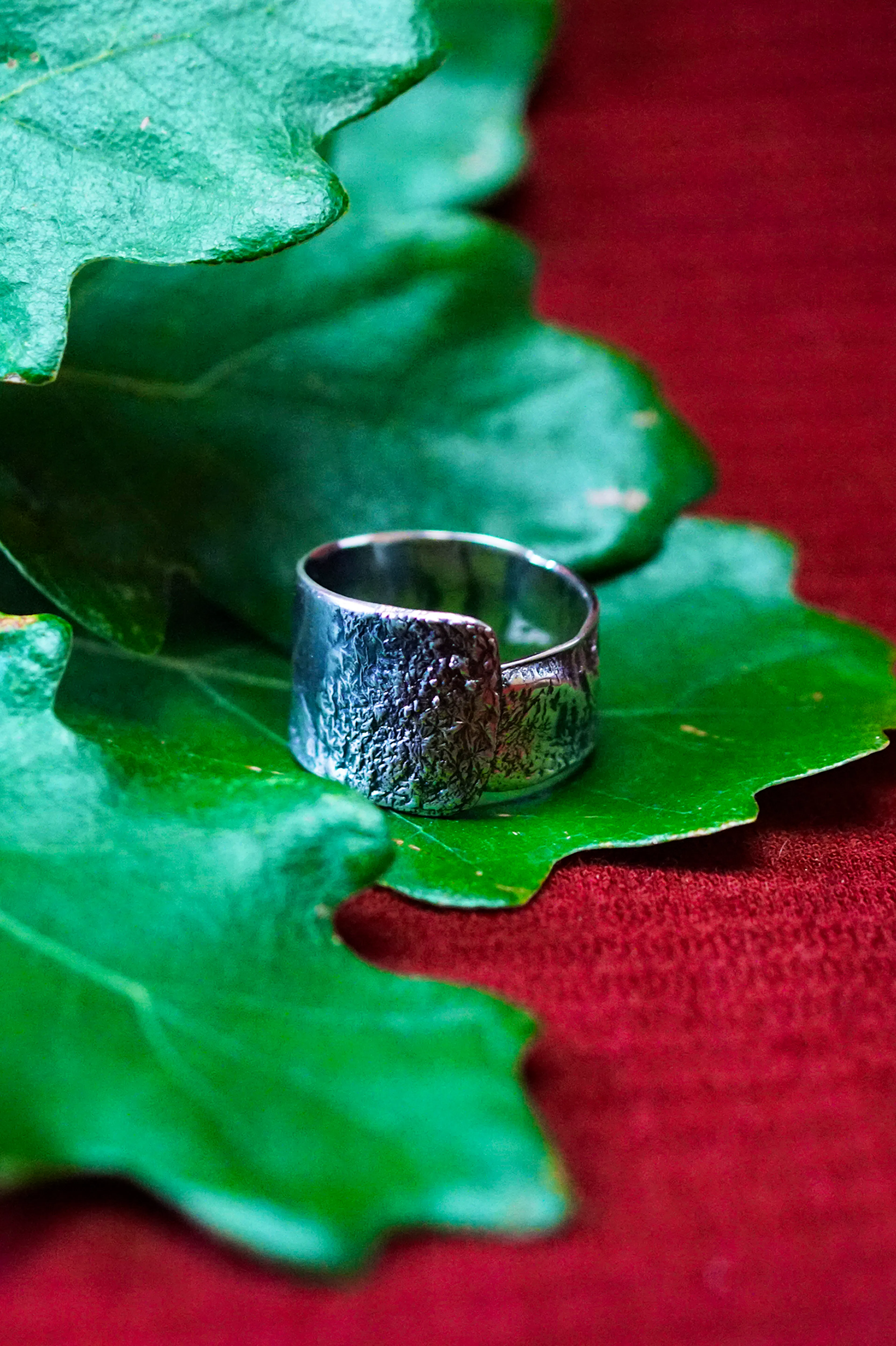 Bague cuivre plaqué argent posé sur des feuilles de chênes