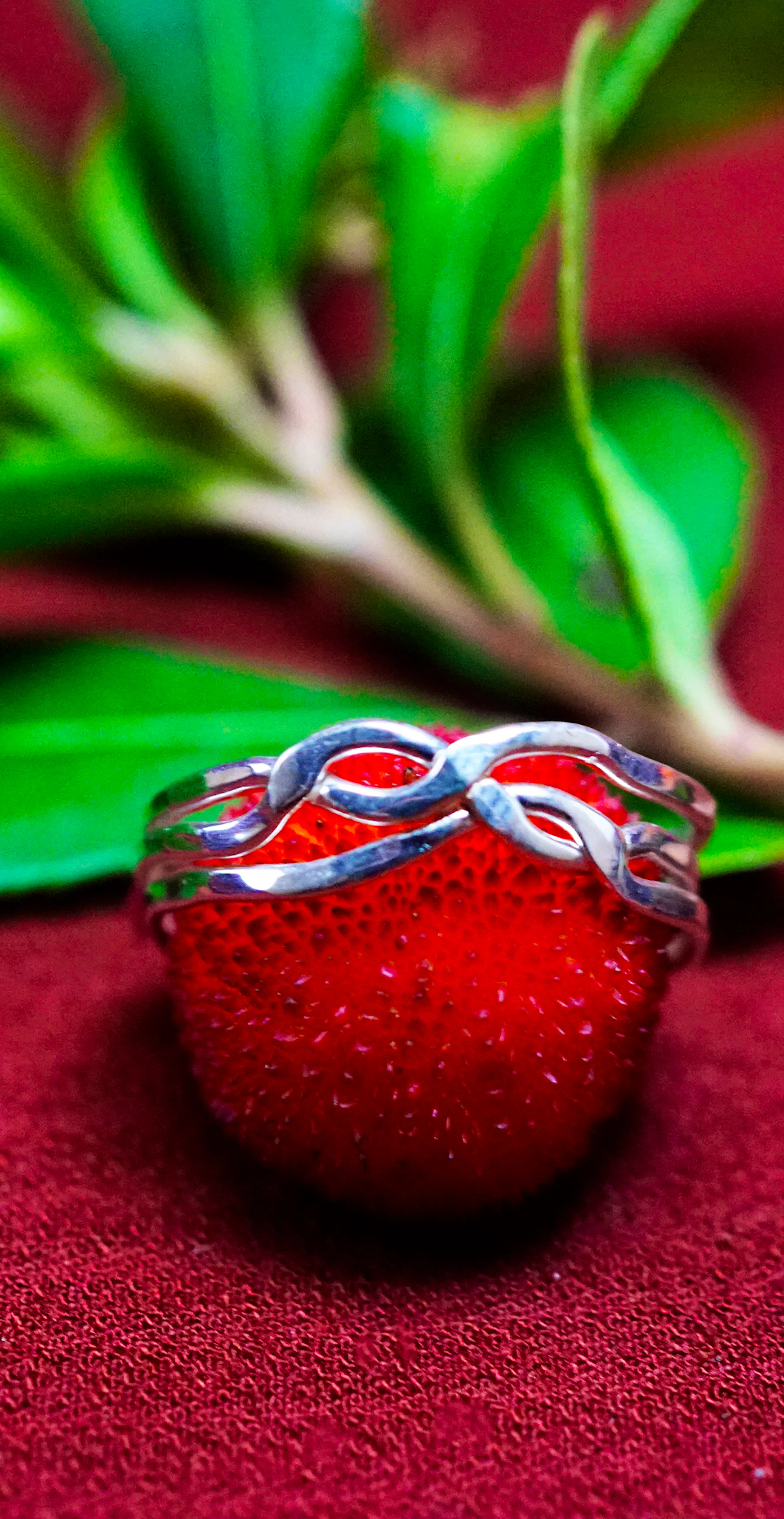Bague casse tête 3 anneaux posé sur une arbouse