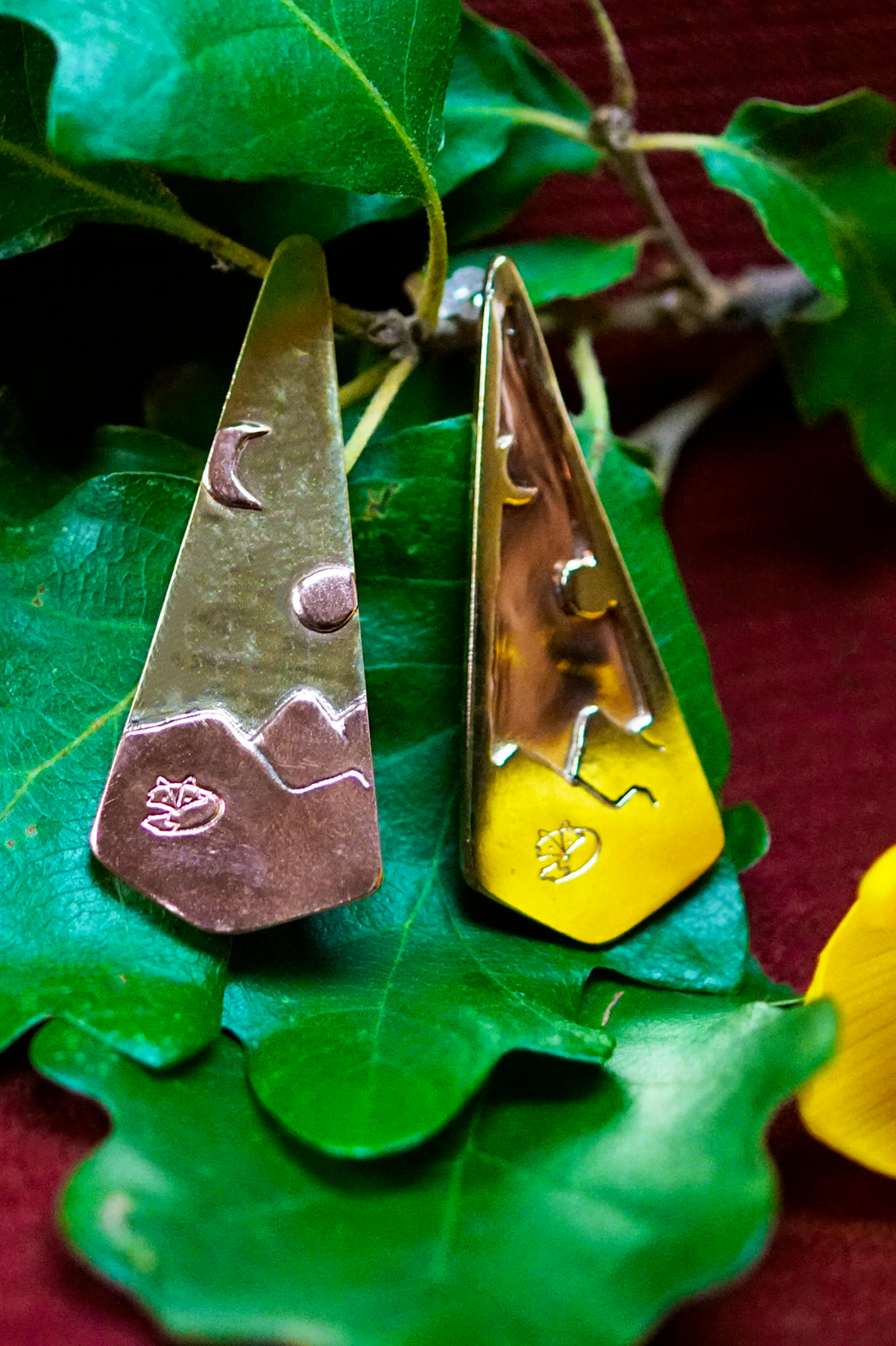 Boucles d'oreilles posé sur une branche de chêne