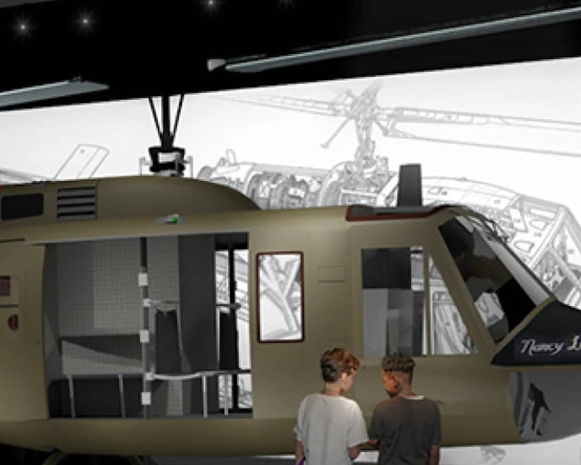 The Huey Exhibit Rendering, two people standing in front of The Huey Helicopter.