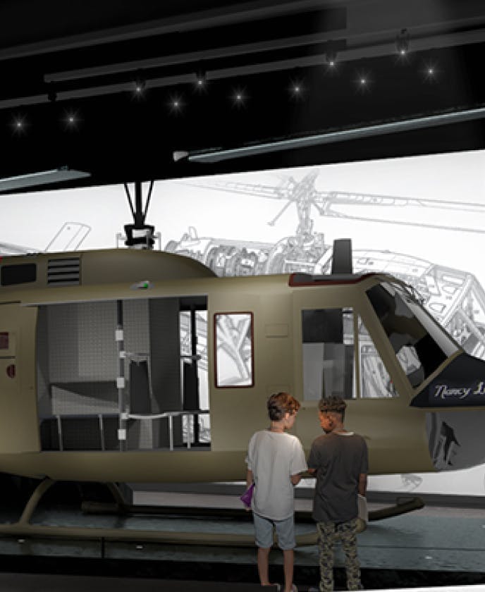 The Huey Exhibit Rendering, two people standing in front of The Huey Helicopter.