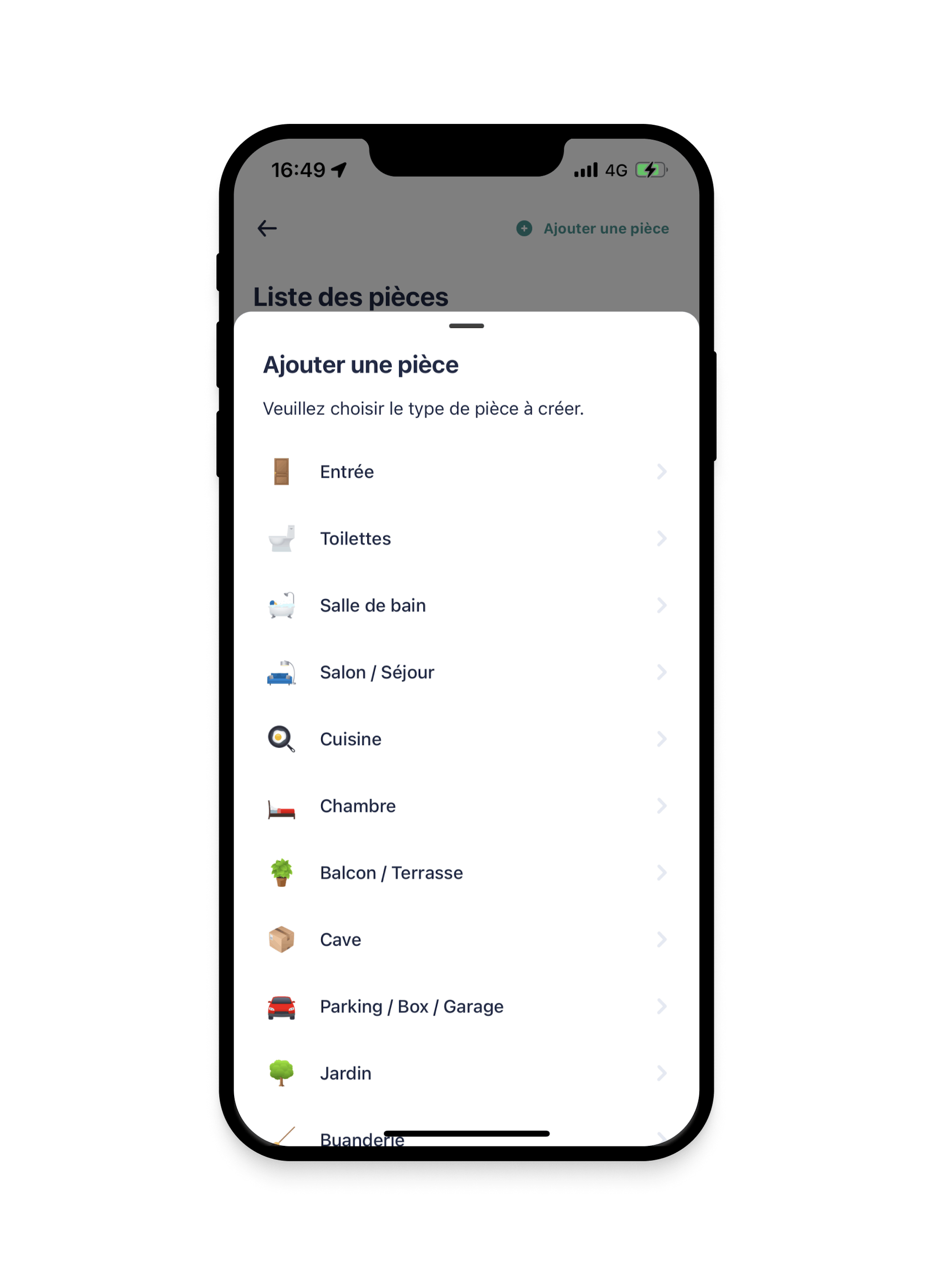 Capture d'écran illustrant l'ajout d'une pièce à l'état des lieux